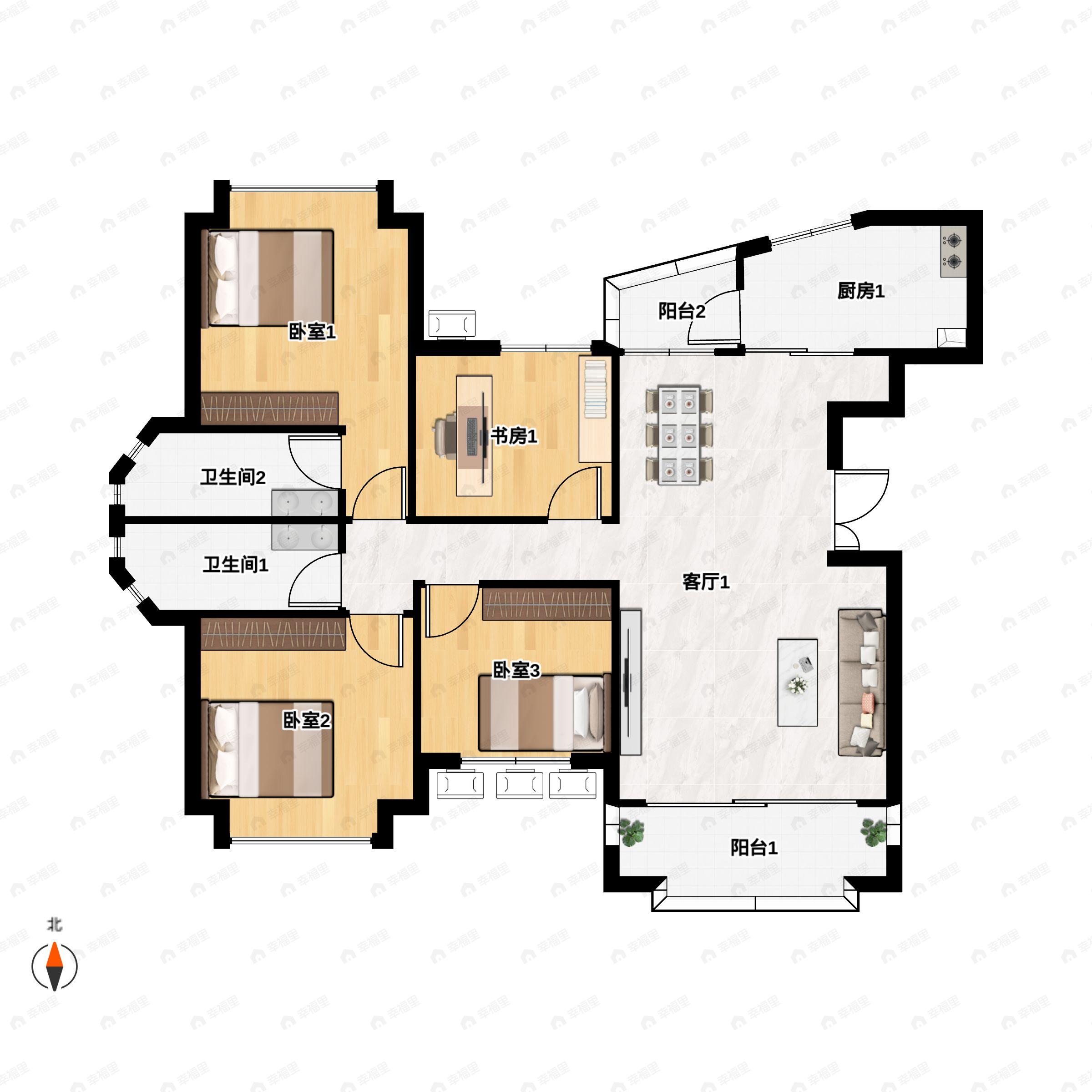 3室2厅2卫建面119平南户型图