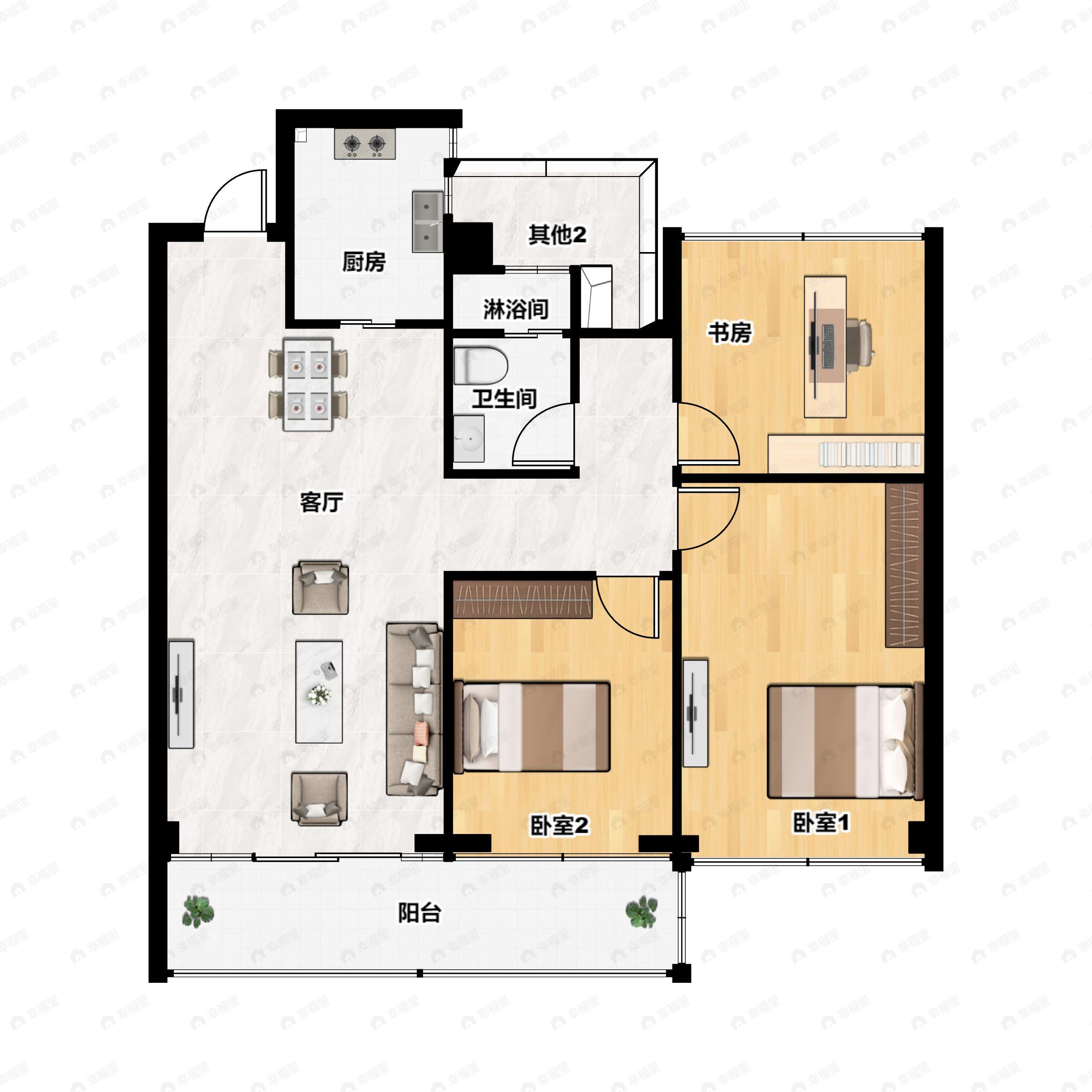 3室2厅1卫建面110m²南户型图