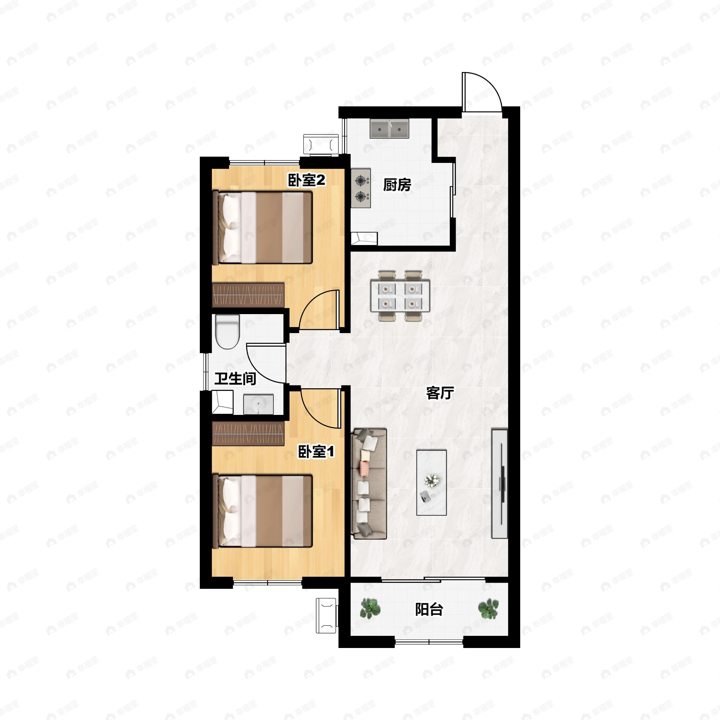 2室2厅1卫建面88m²北|南户型图