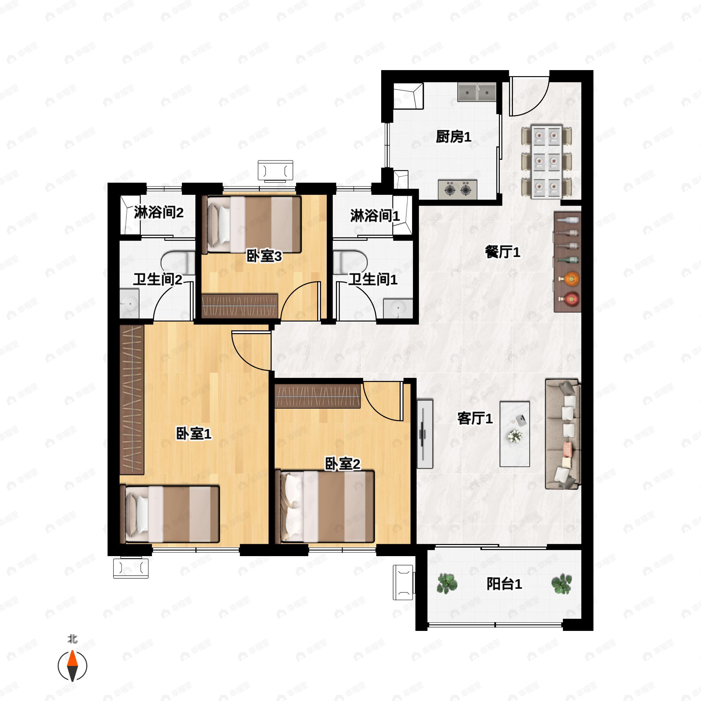 3室2厅2卫建面107平户型图