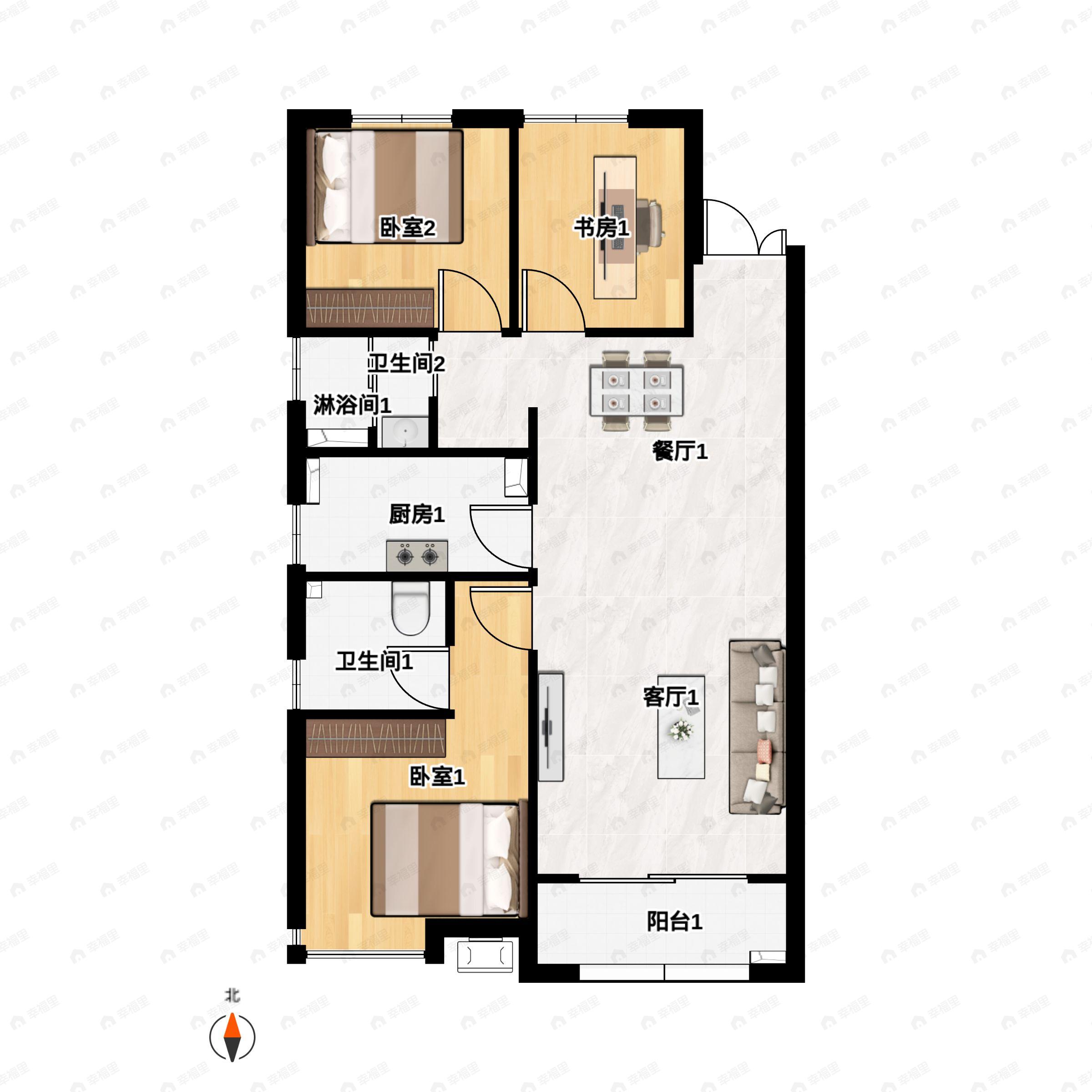 3室2厅2卫建面95m²南户型图