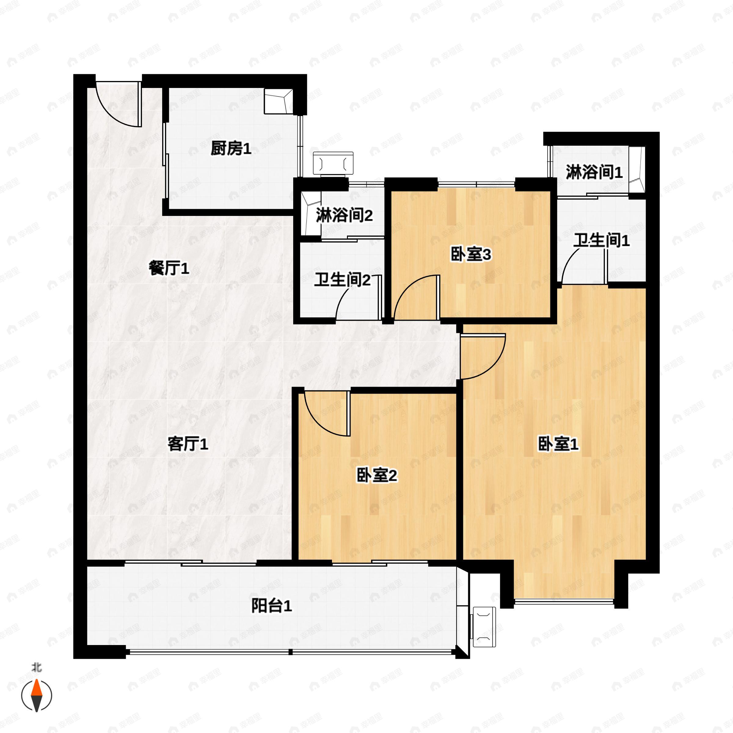 3室2厅2卫建面110m²南户型图