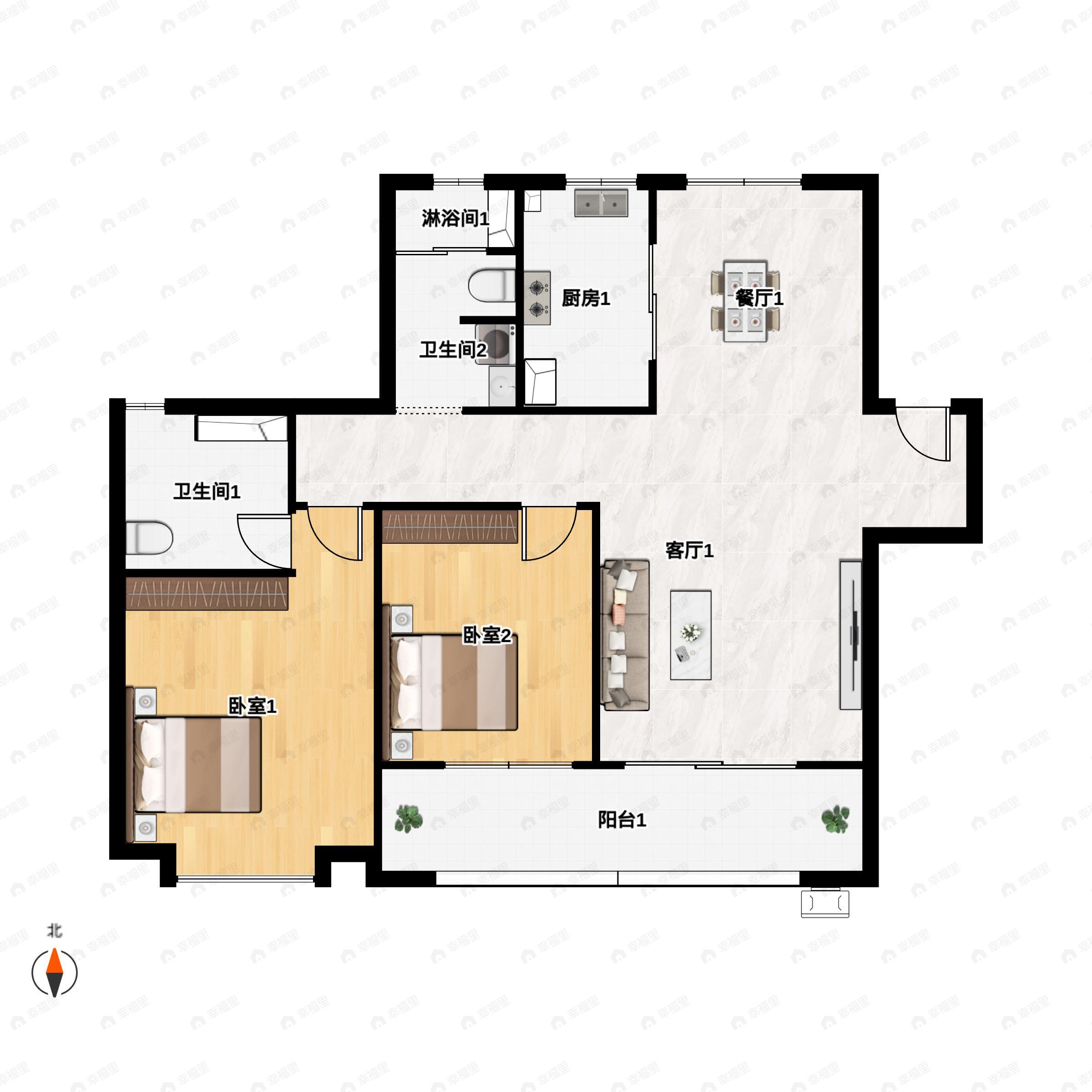 2室2厅2卫建面115m²北|南户型图