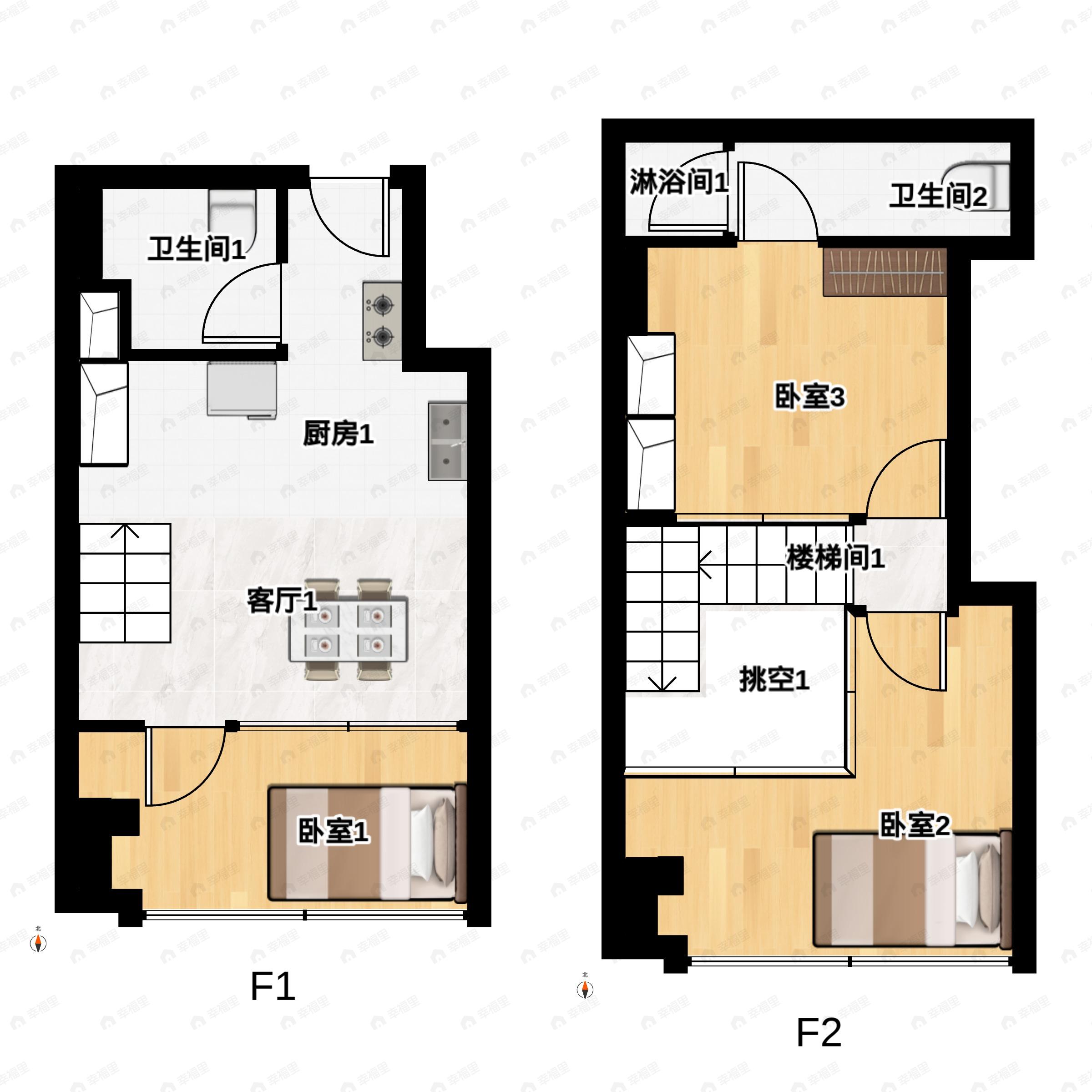 3室1厅2卫建面50平户型图