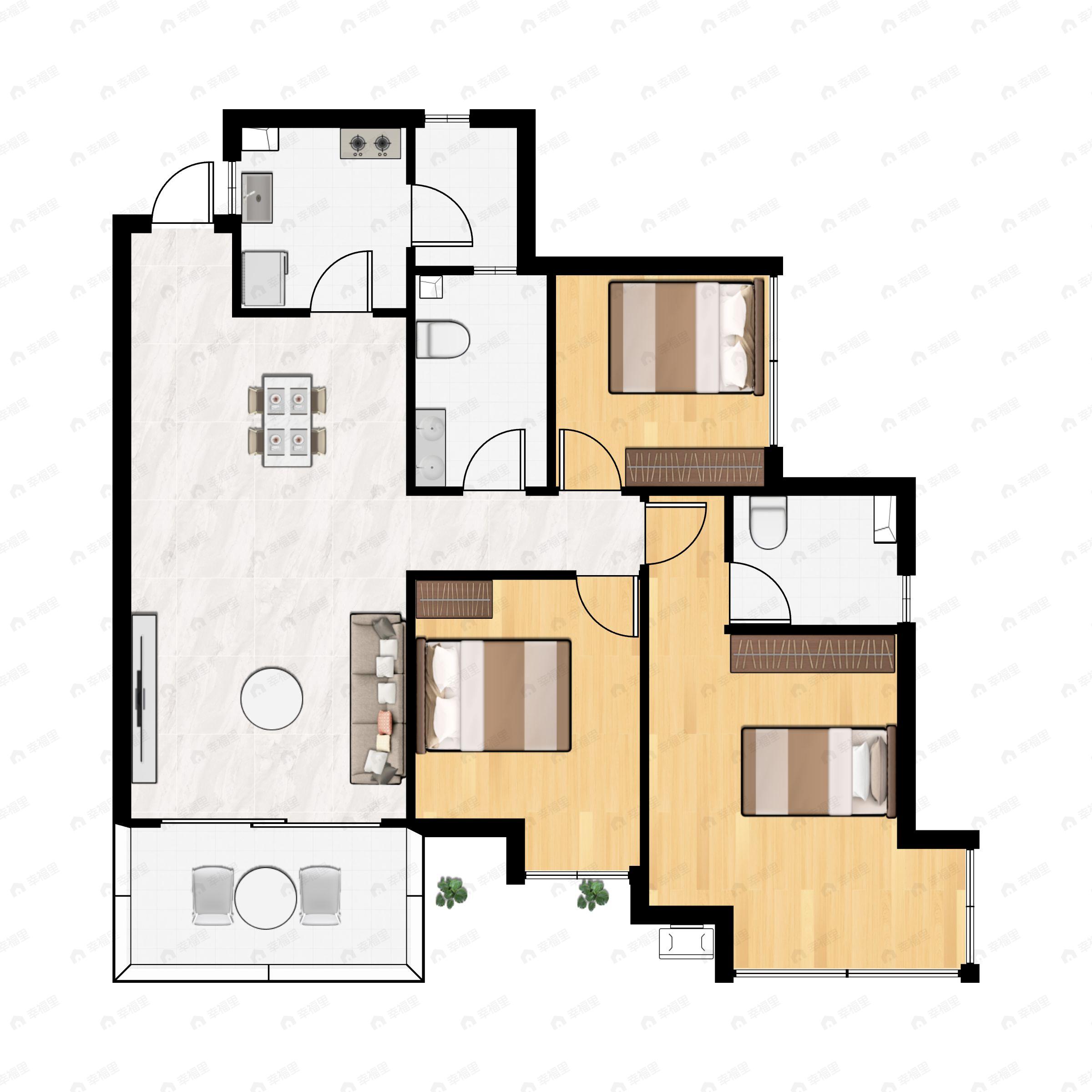 3室2厅2卫建面107平户型图