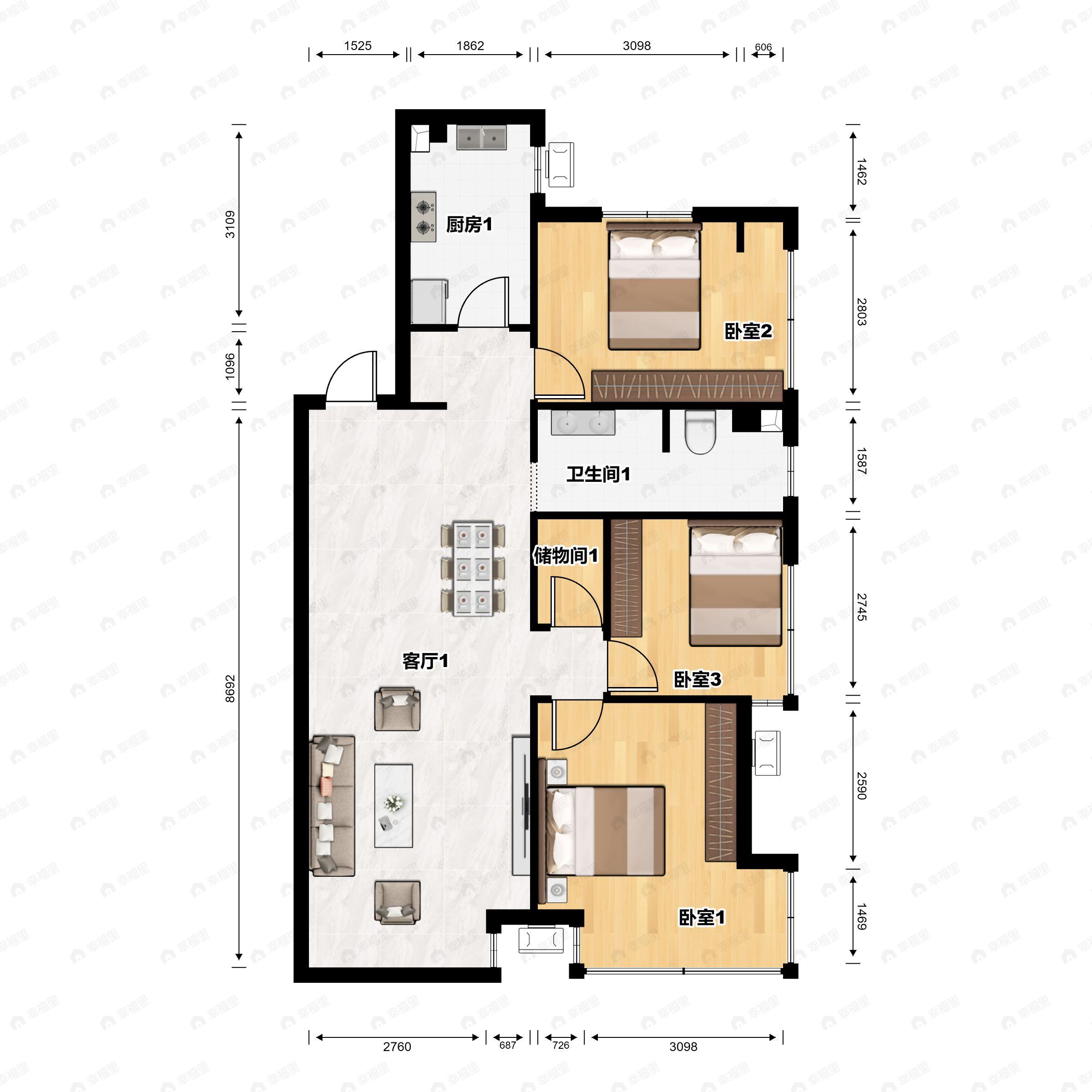 3室2厅1卫建面128平南户型图