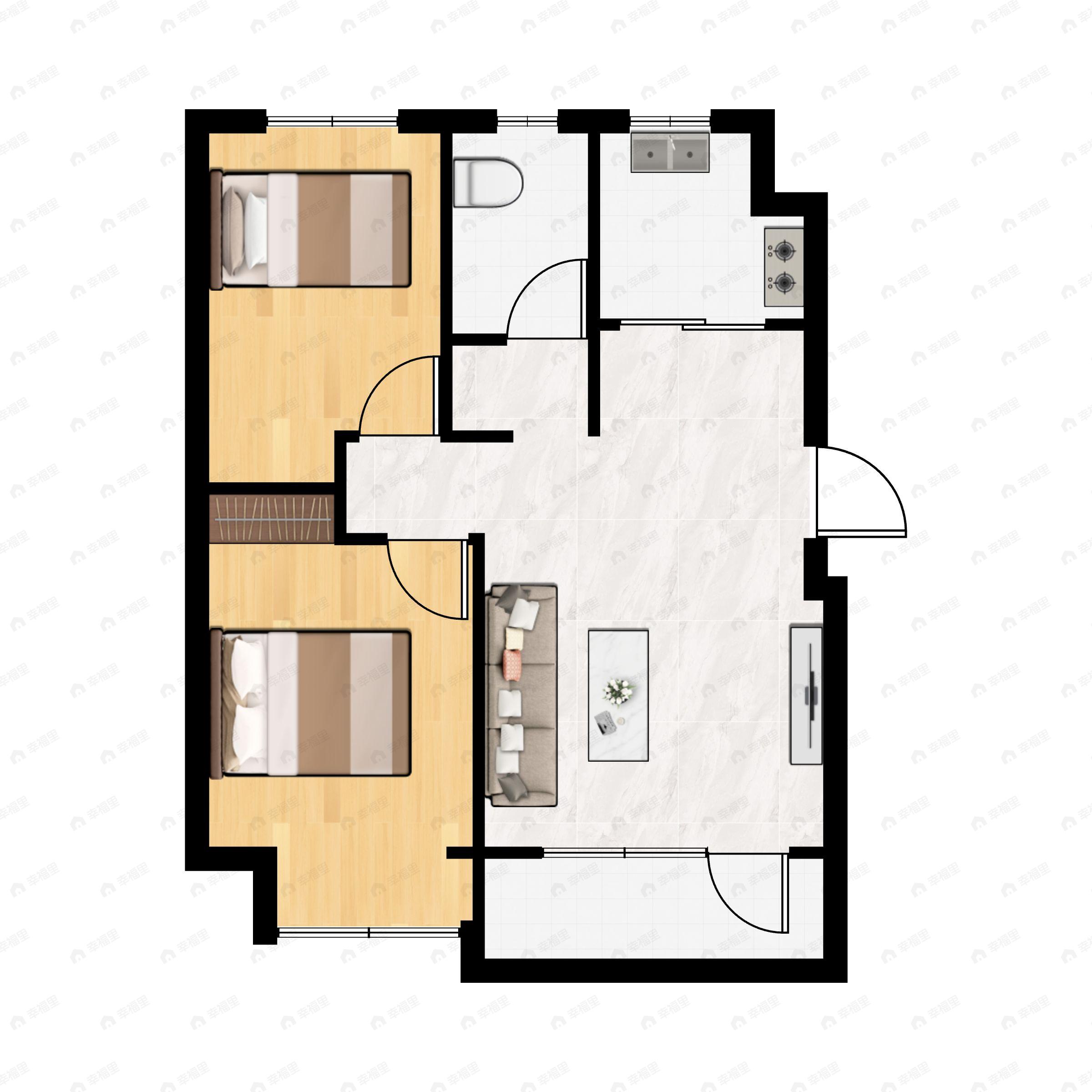 2室2厅1卫建面78m²北|南户型图