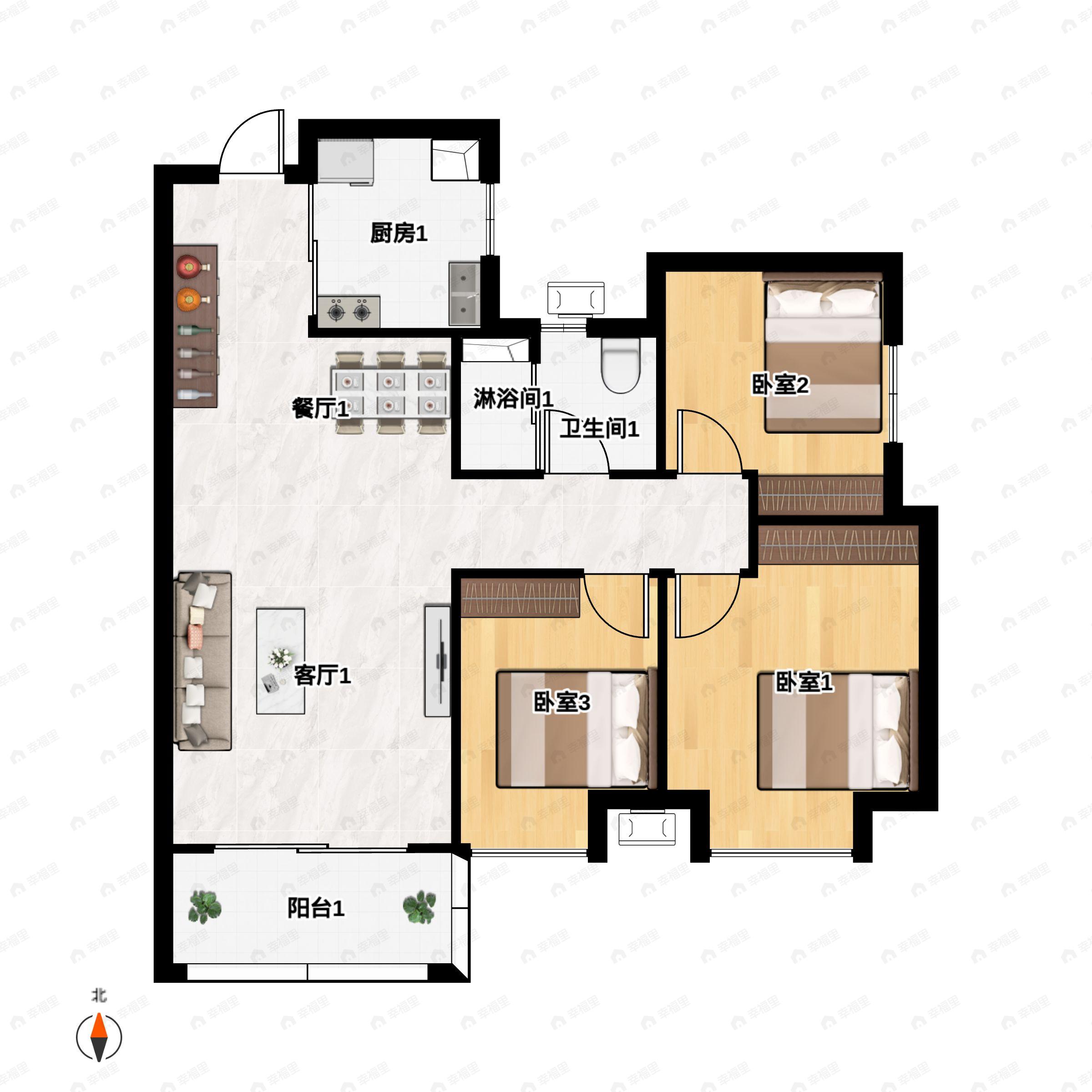 3室2厅1卫建面87平北|南户型图