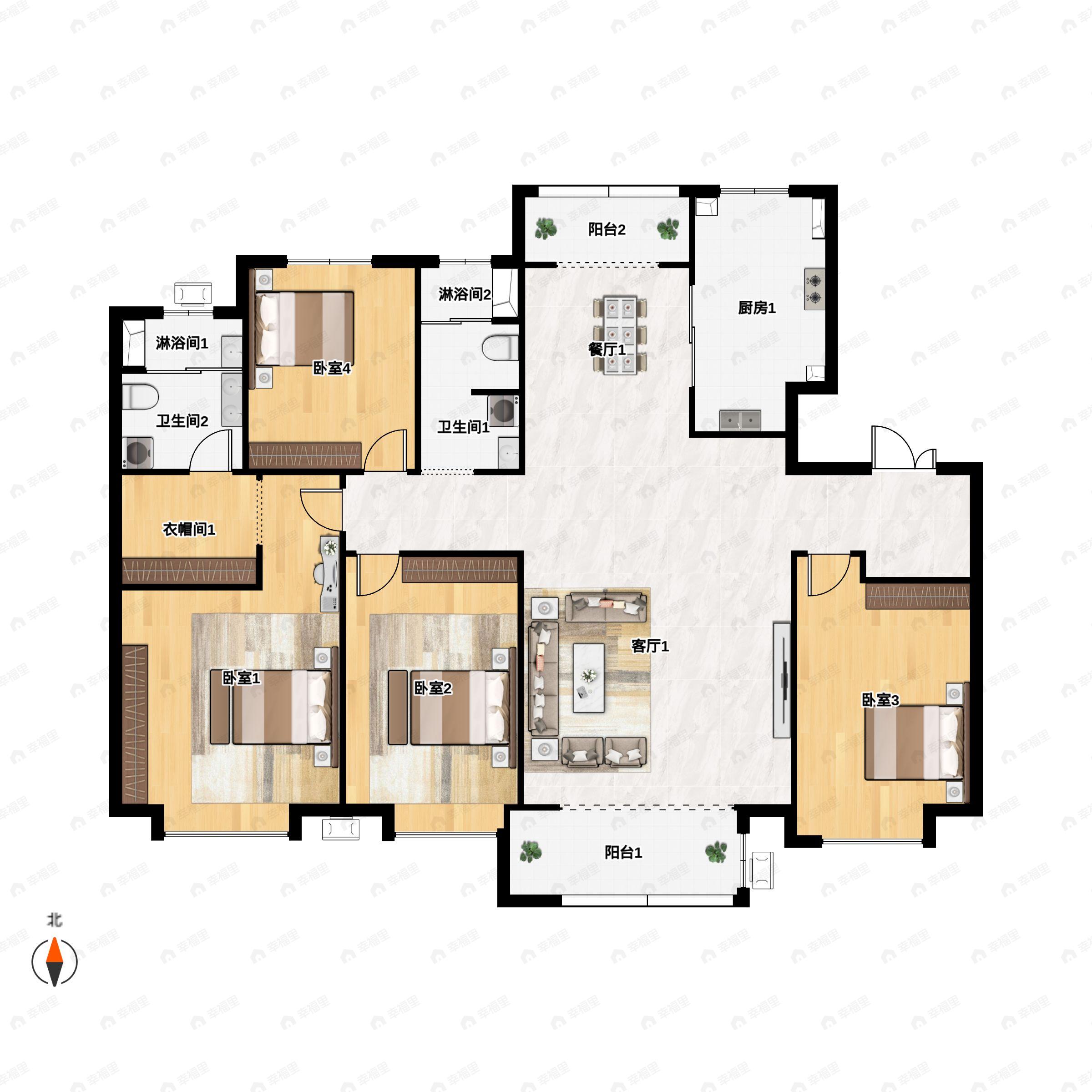 4室2厅2卫建面165平南户型图