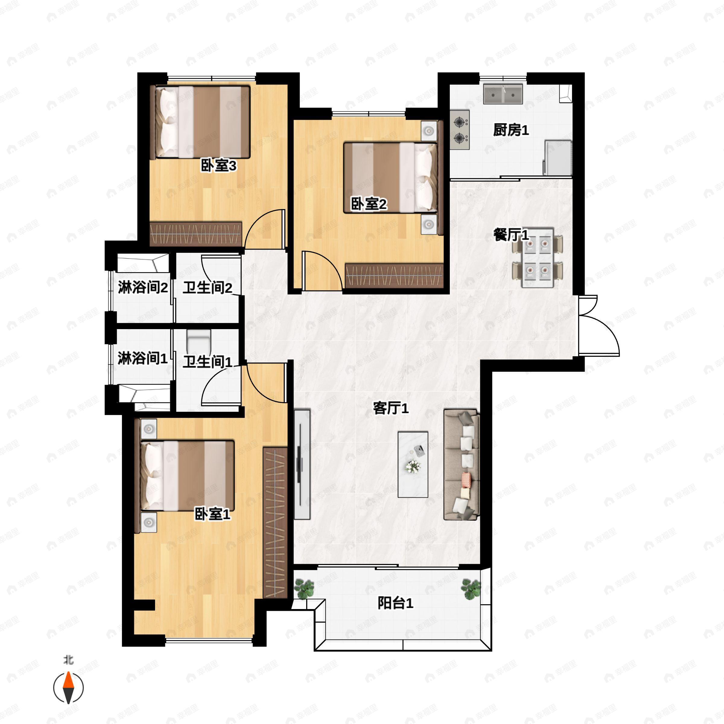 3室2厅2卫建面136平户型图