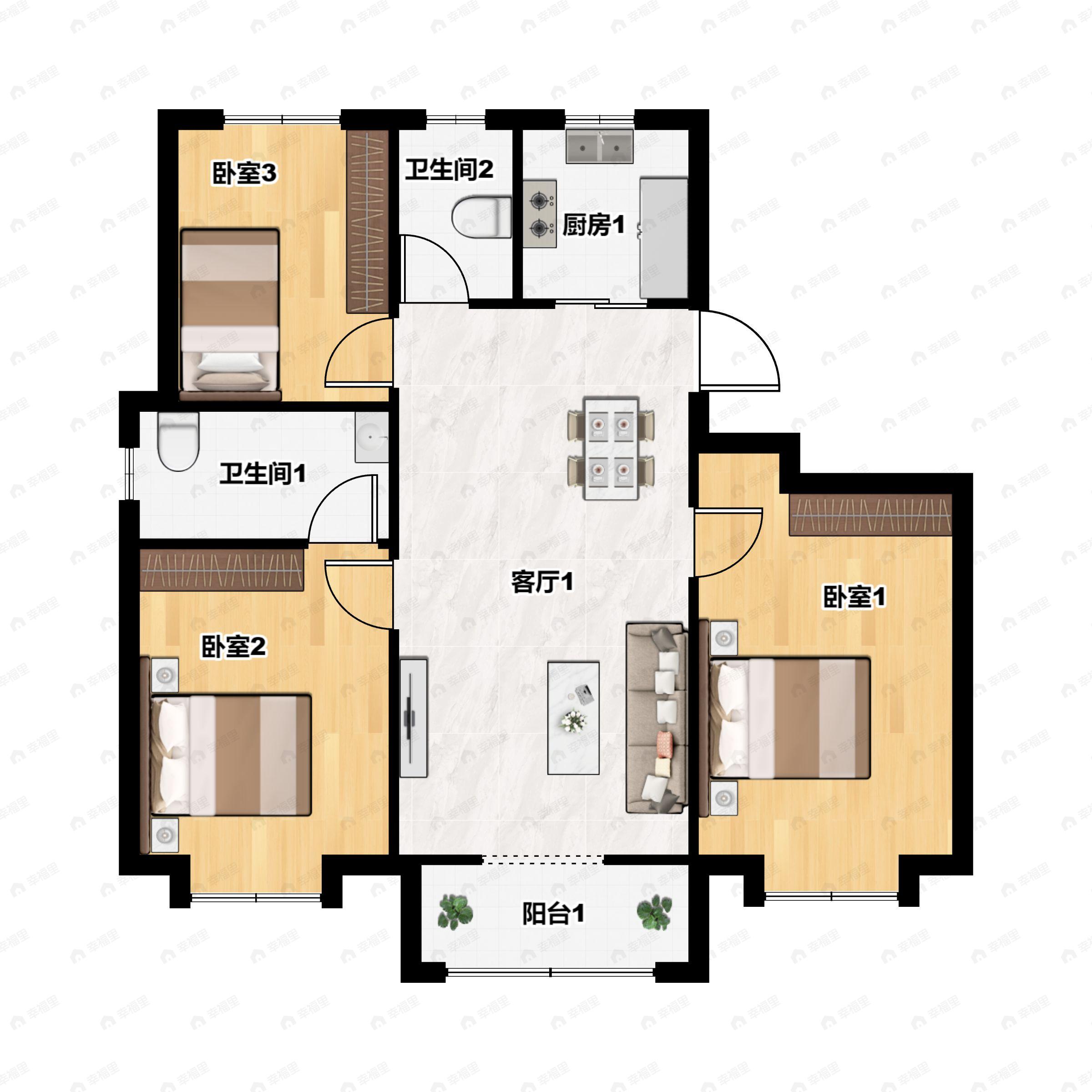 3室2厅2卫建面119平南|北户型图