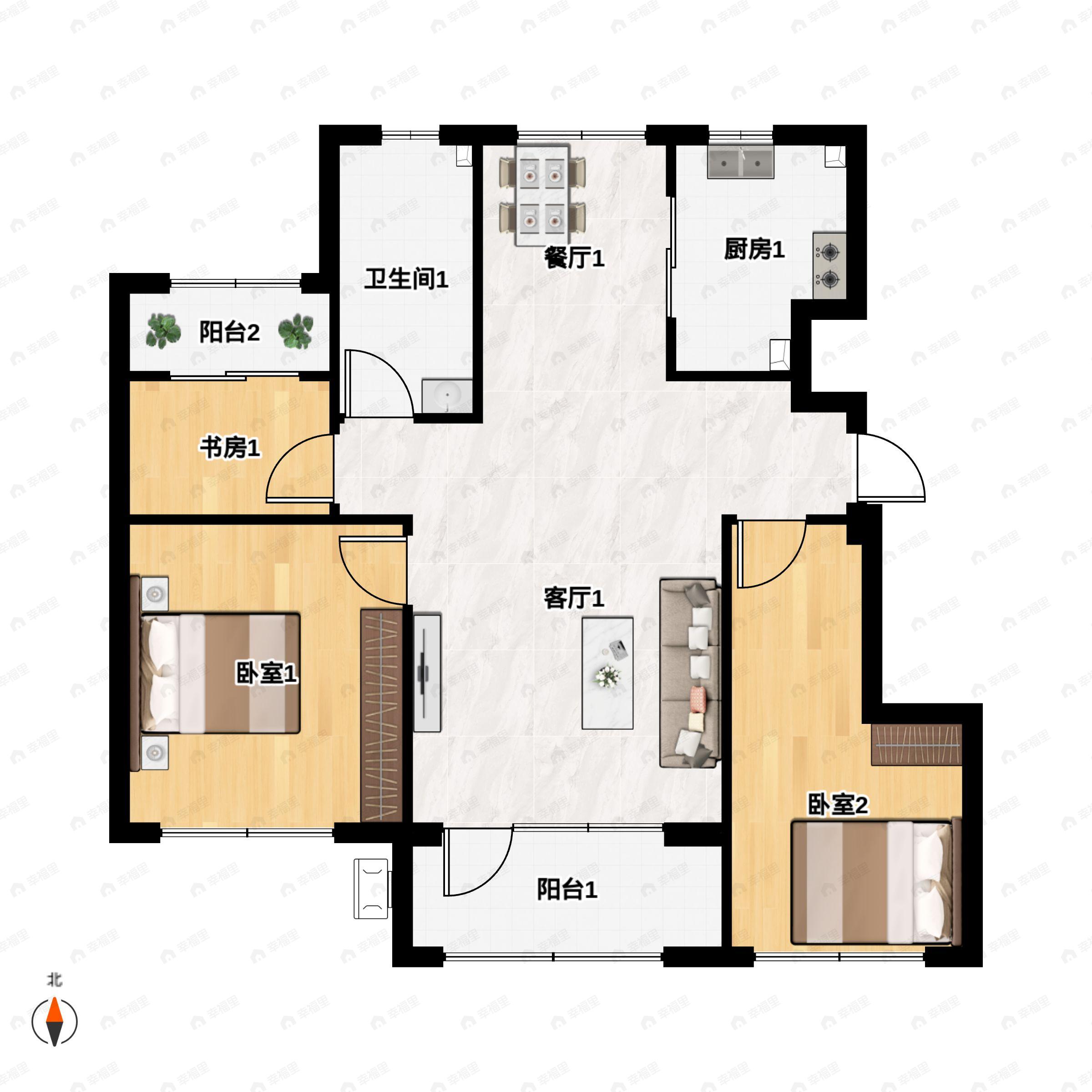 3室2厅1卫建面101平南|北户型图