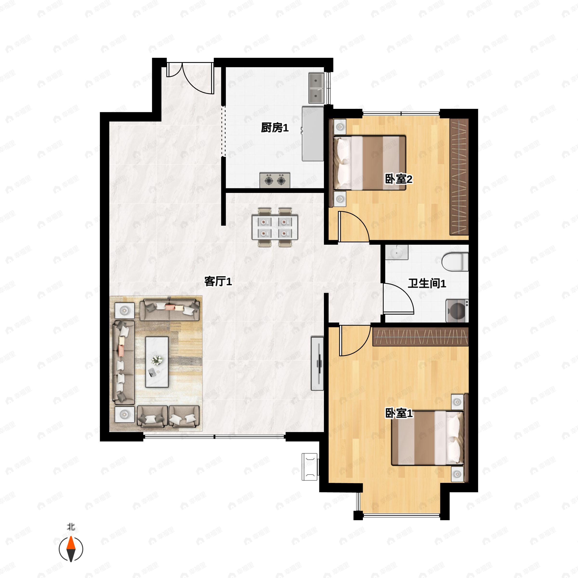2室2厅1卫建面101m²南|北户型图
