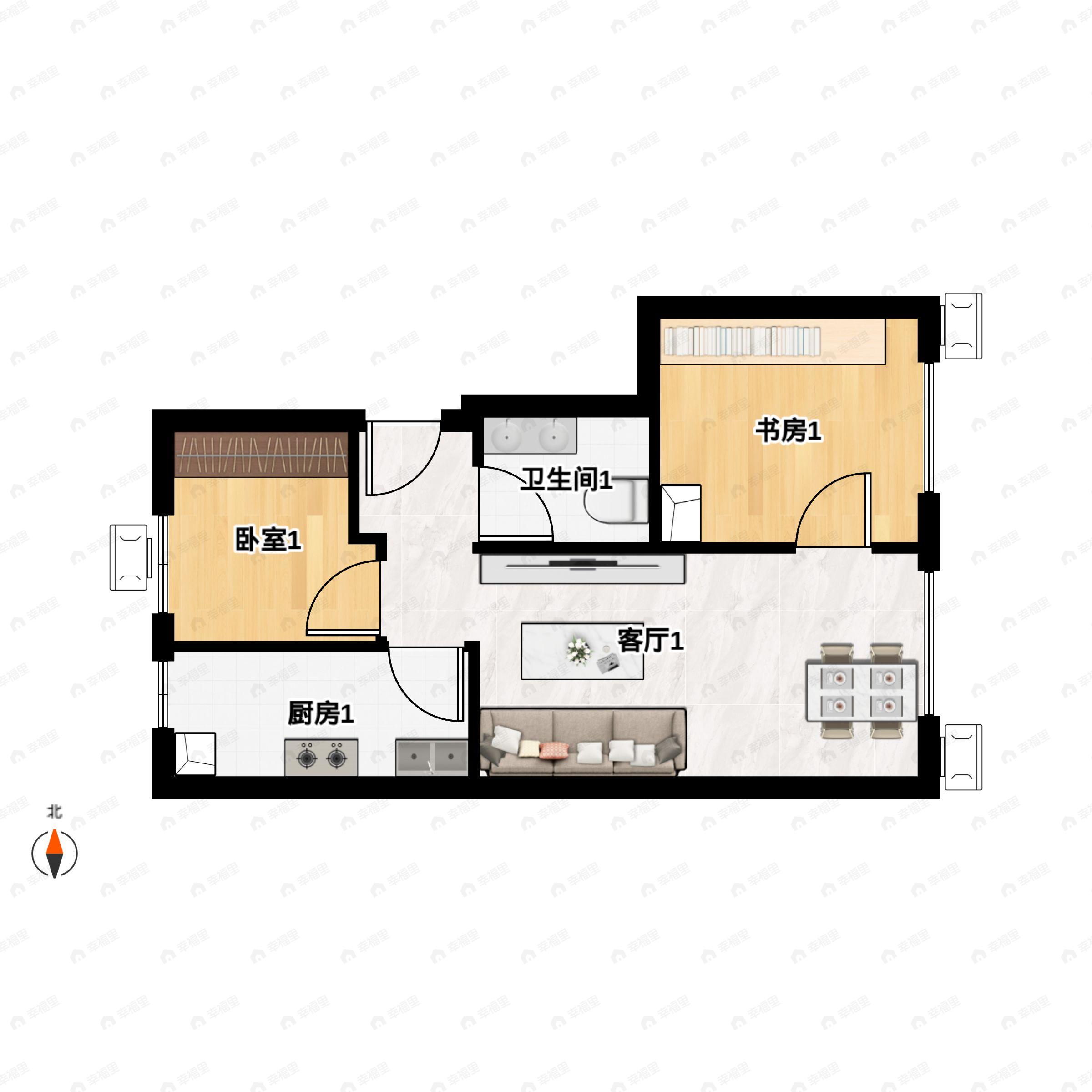 2室1厅1卫建面57m²西|东户型图