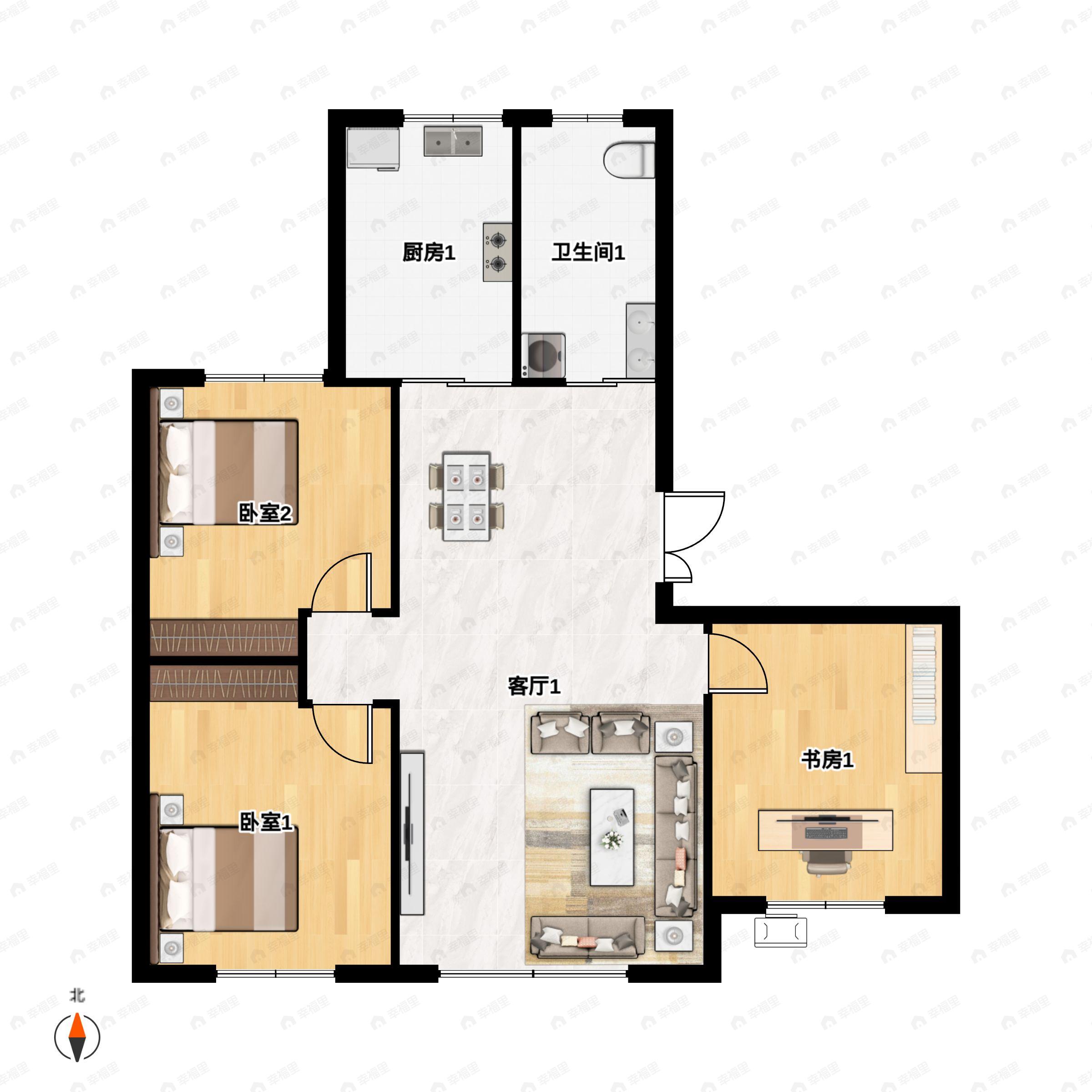 坤德书苑3室2厅1卫户型图