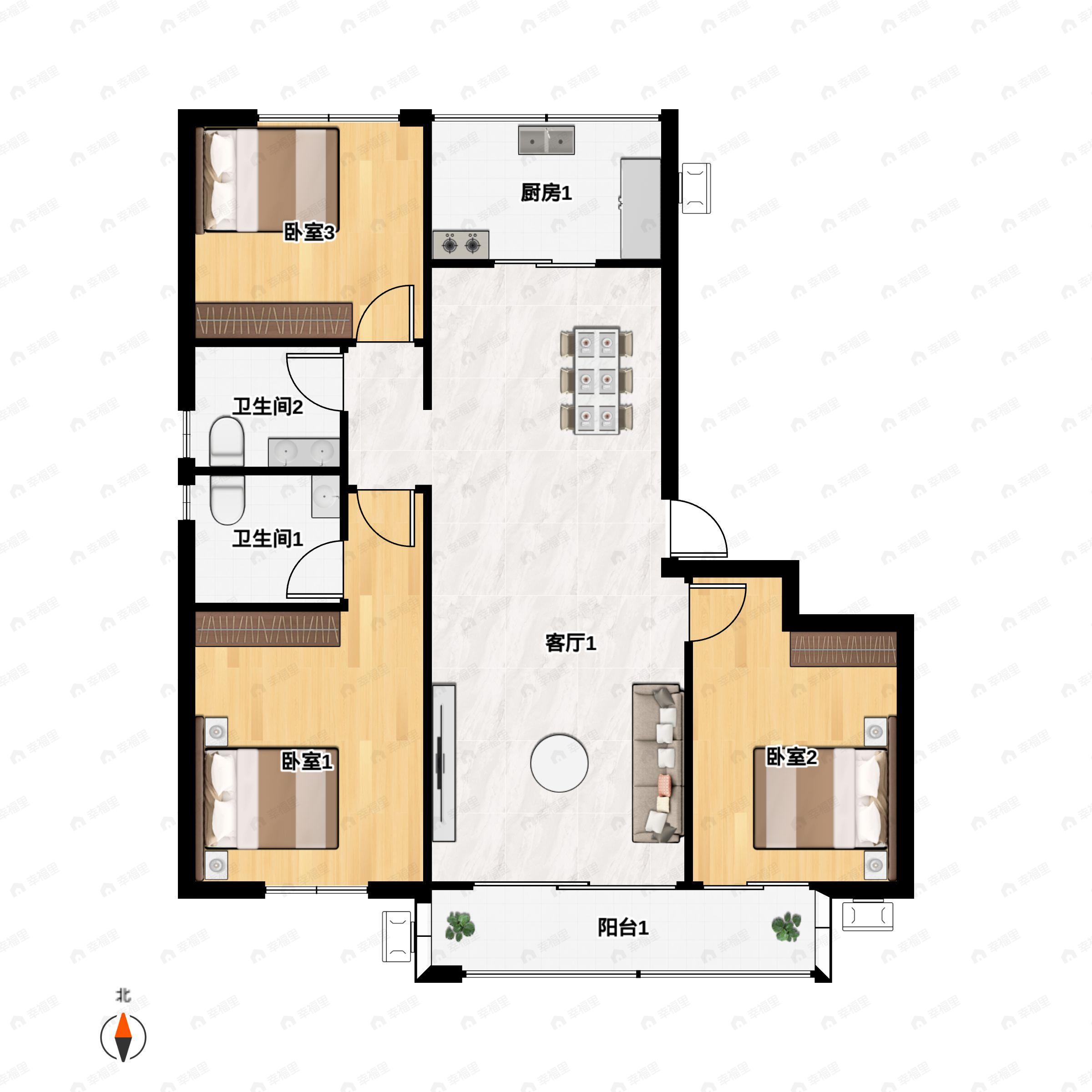 3室2厅2卫建面132m²南户型图
