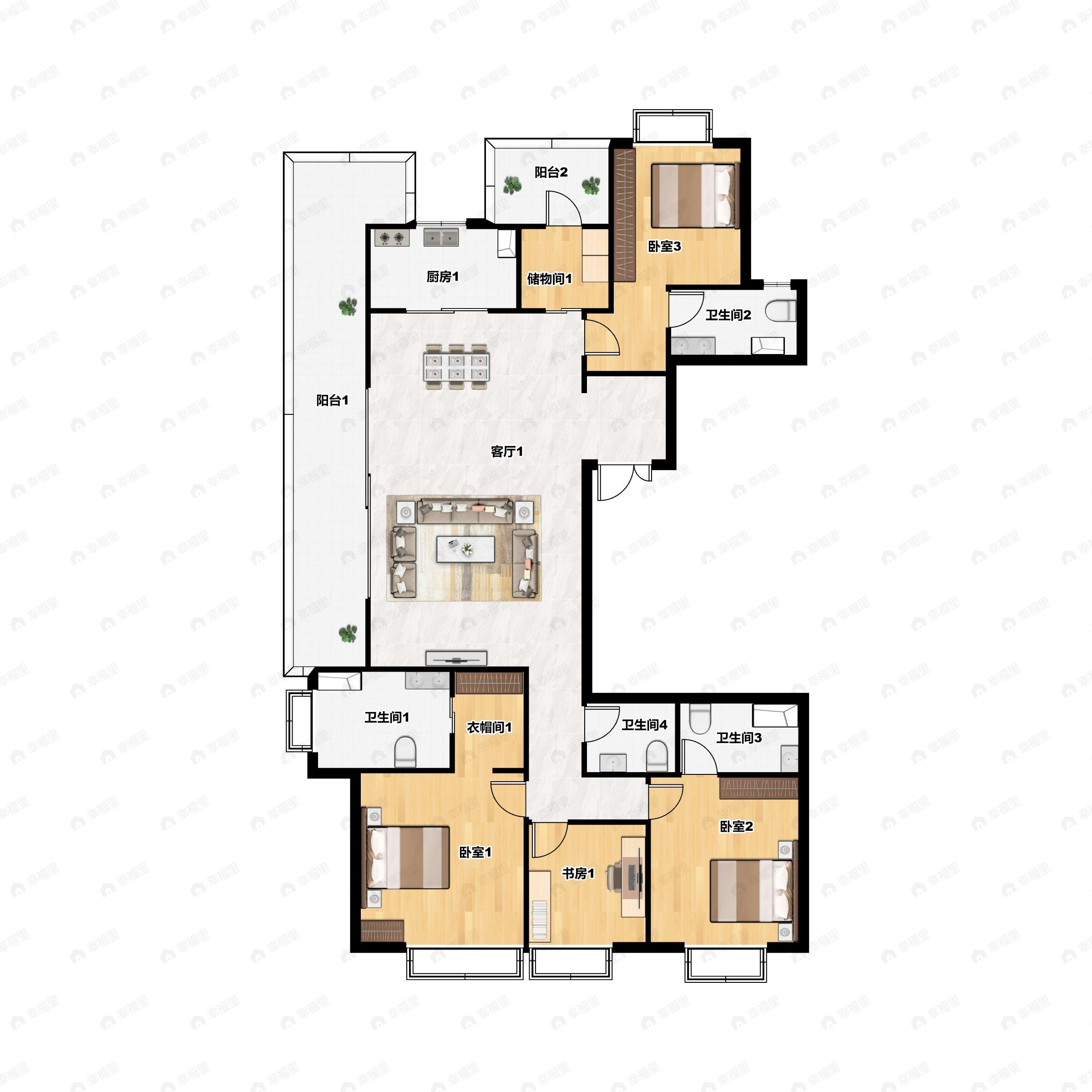 4室2厅4卫建面211平南|北户型图