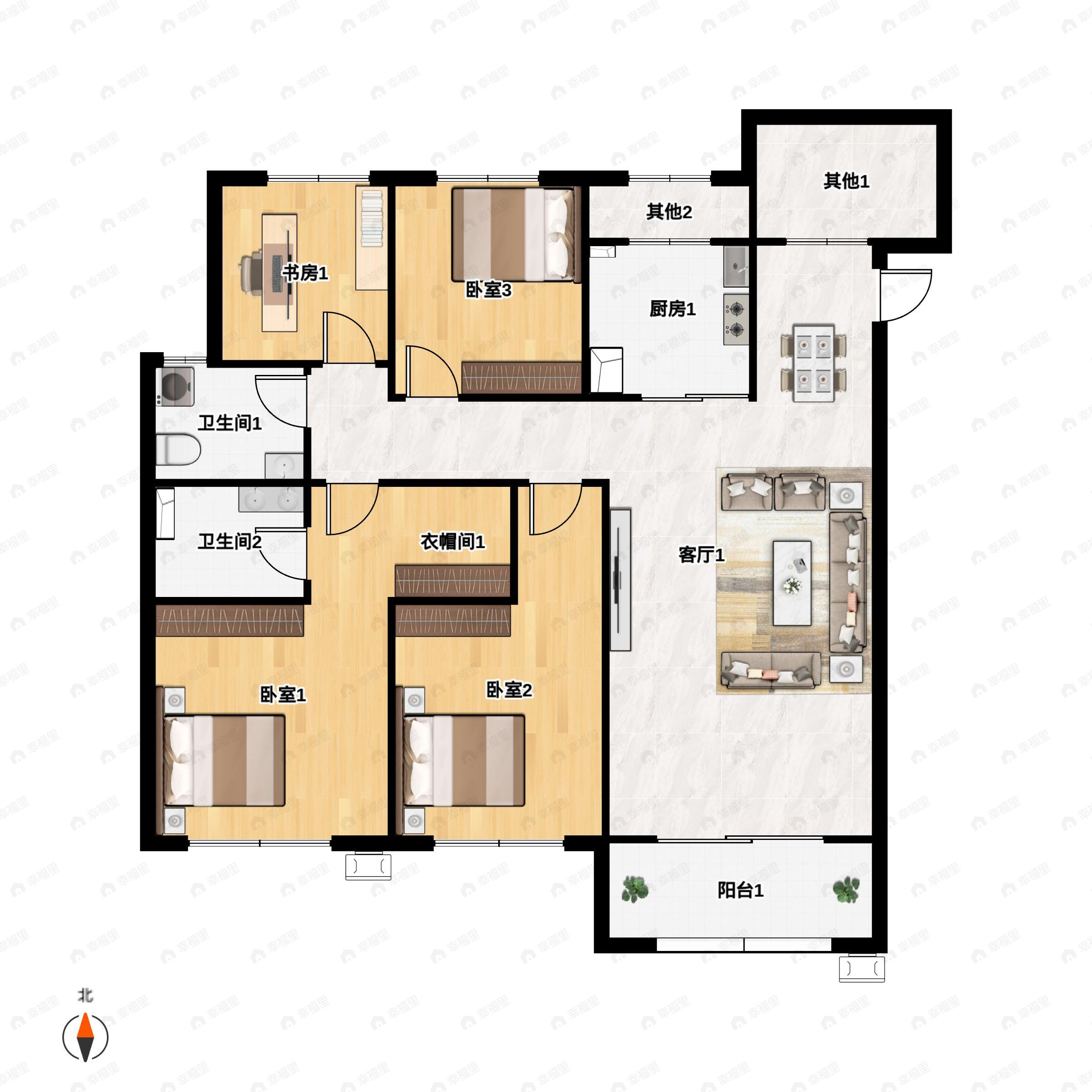4室2厅2卫建面129平南|北户型图