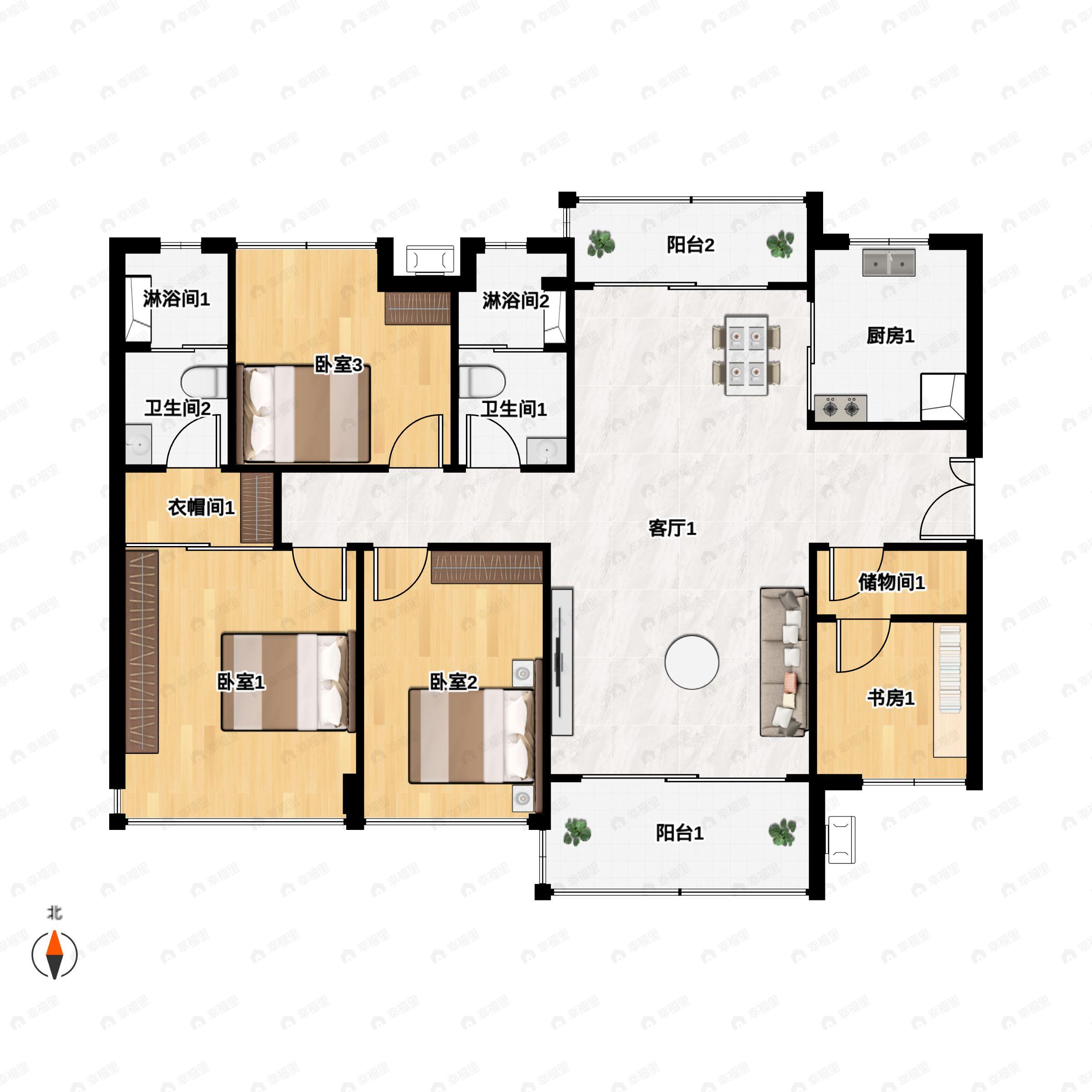 3室2厅2卫建面120平户型图