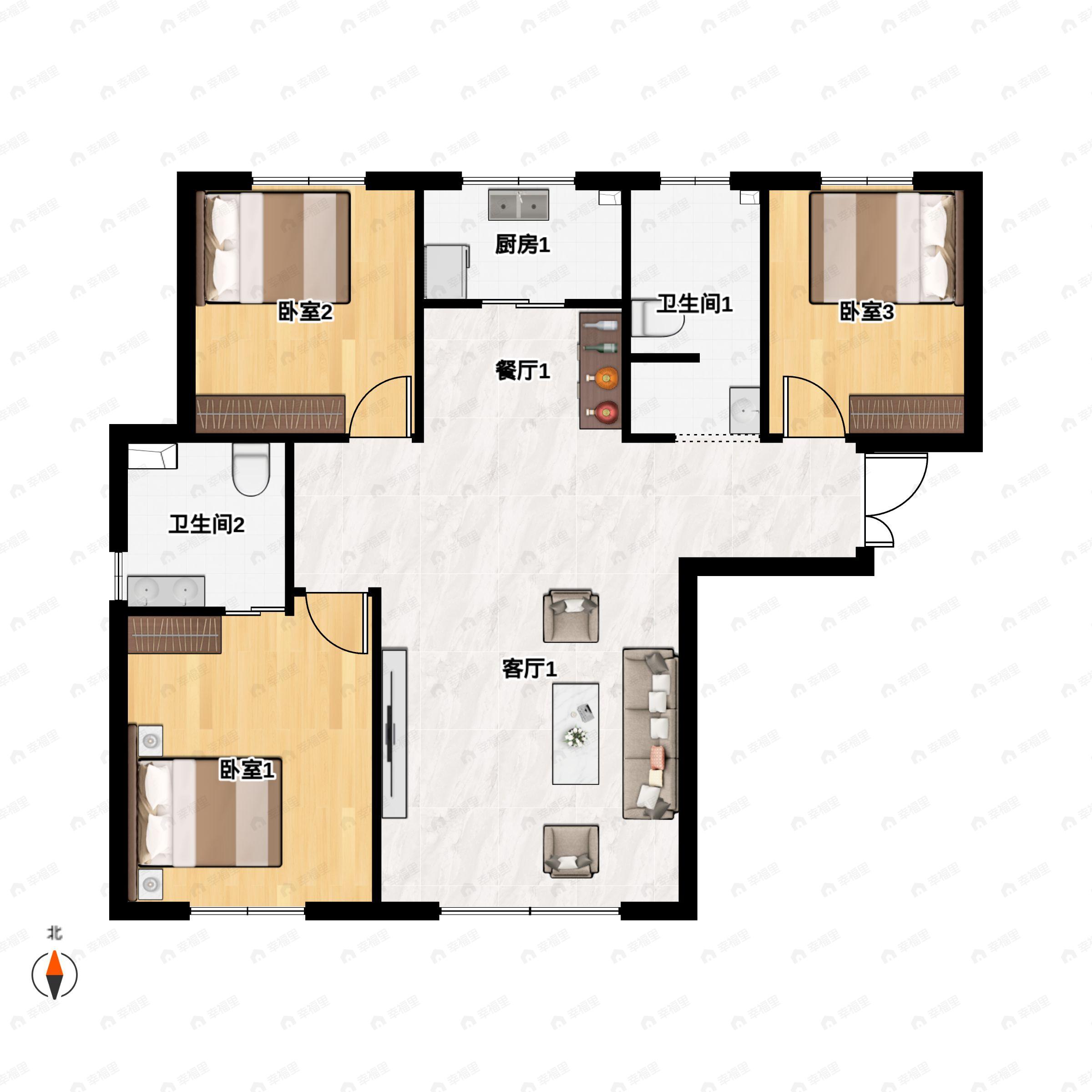 3室2厅2卫建面121平南|北户型图