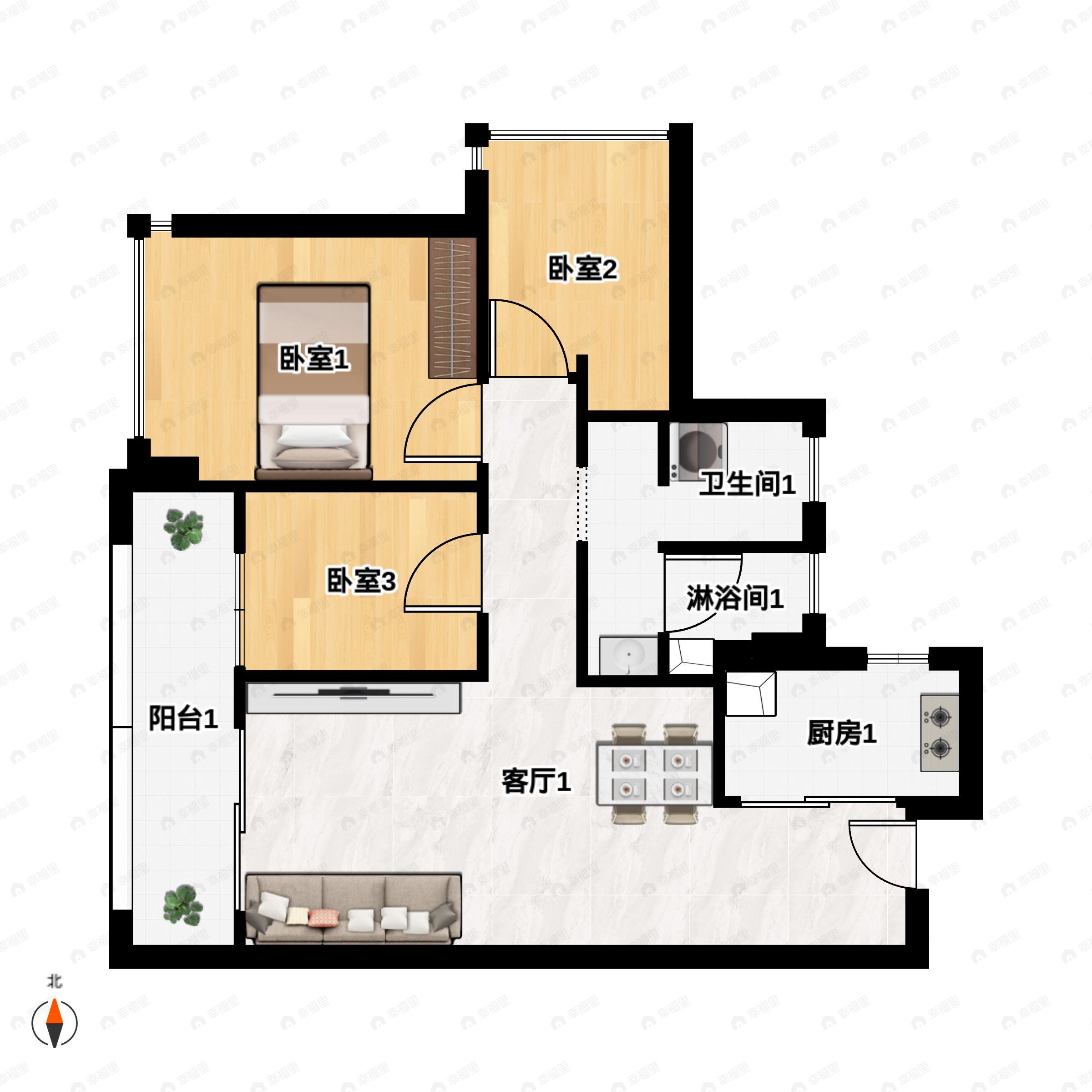 3室2厅1卫建面79平户型图