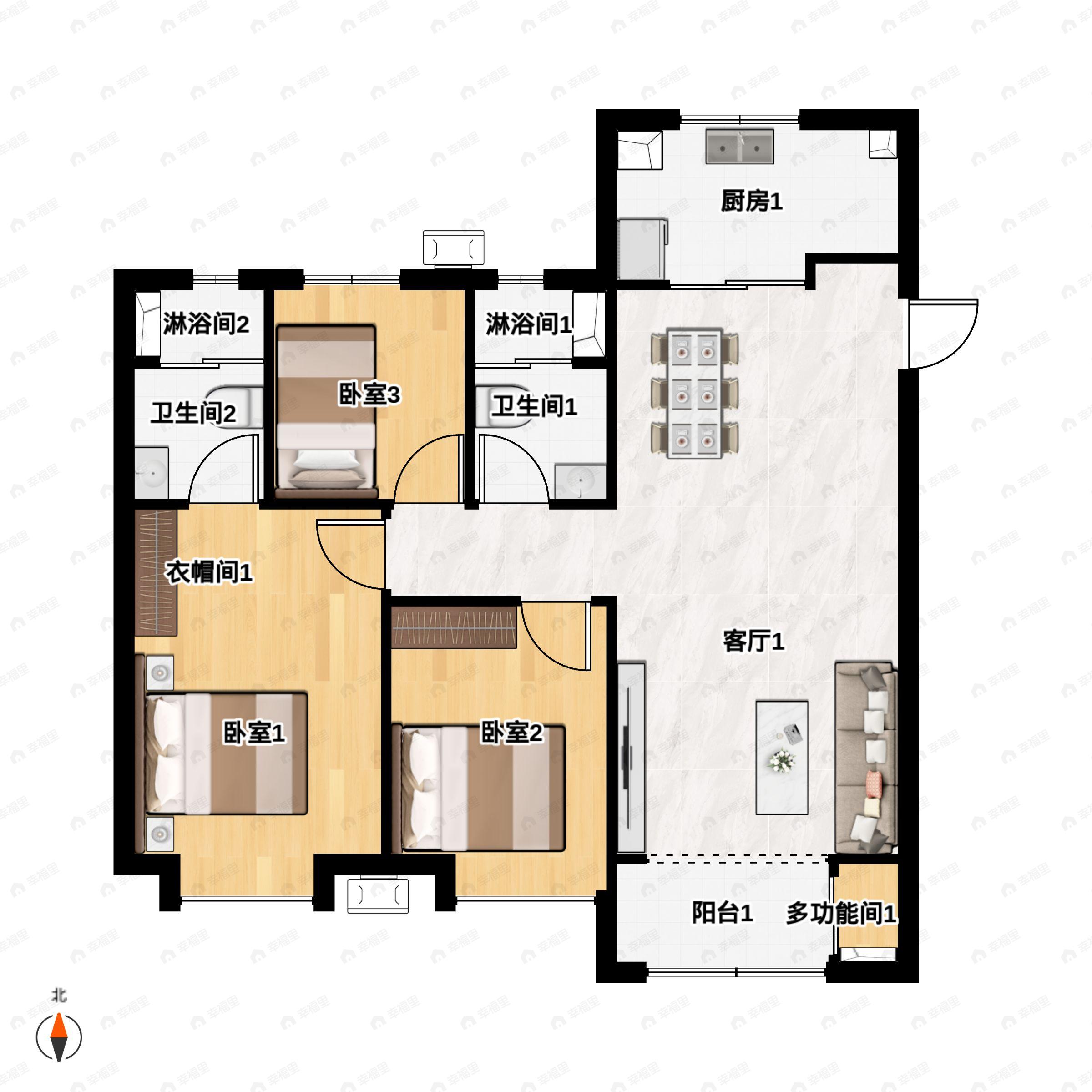 3室2厅2卫建面109平南|北户型图
