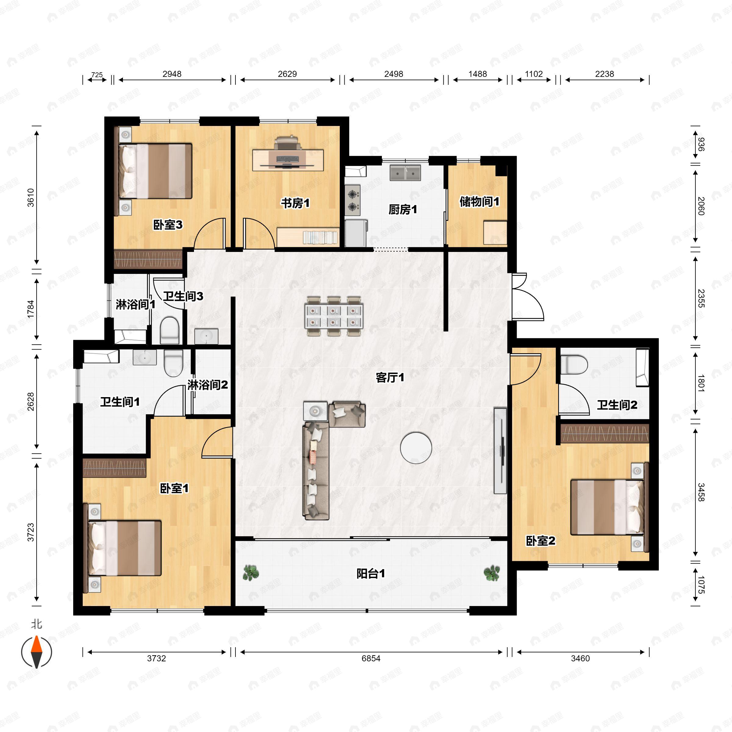 4室2厅3卫建面169平南户型图