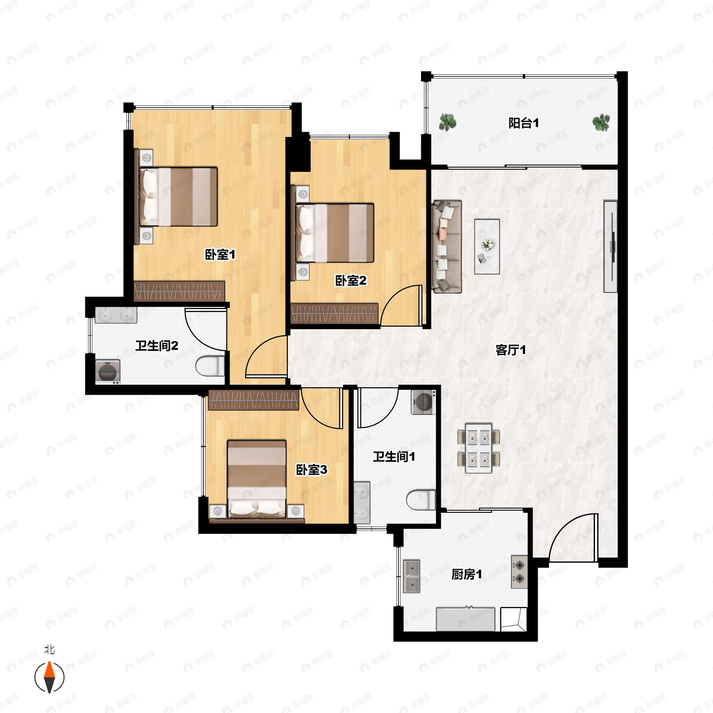 3室2厅2卫建面101m²北户型图