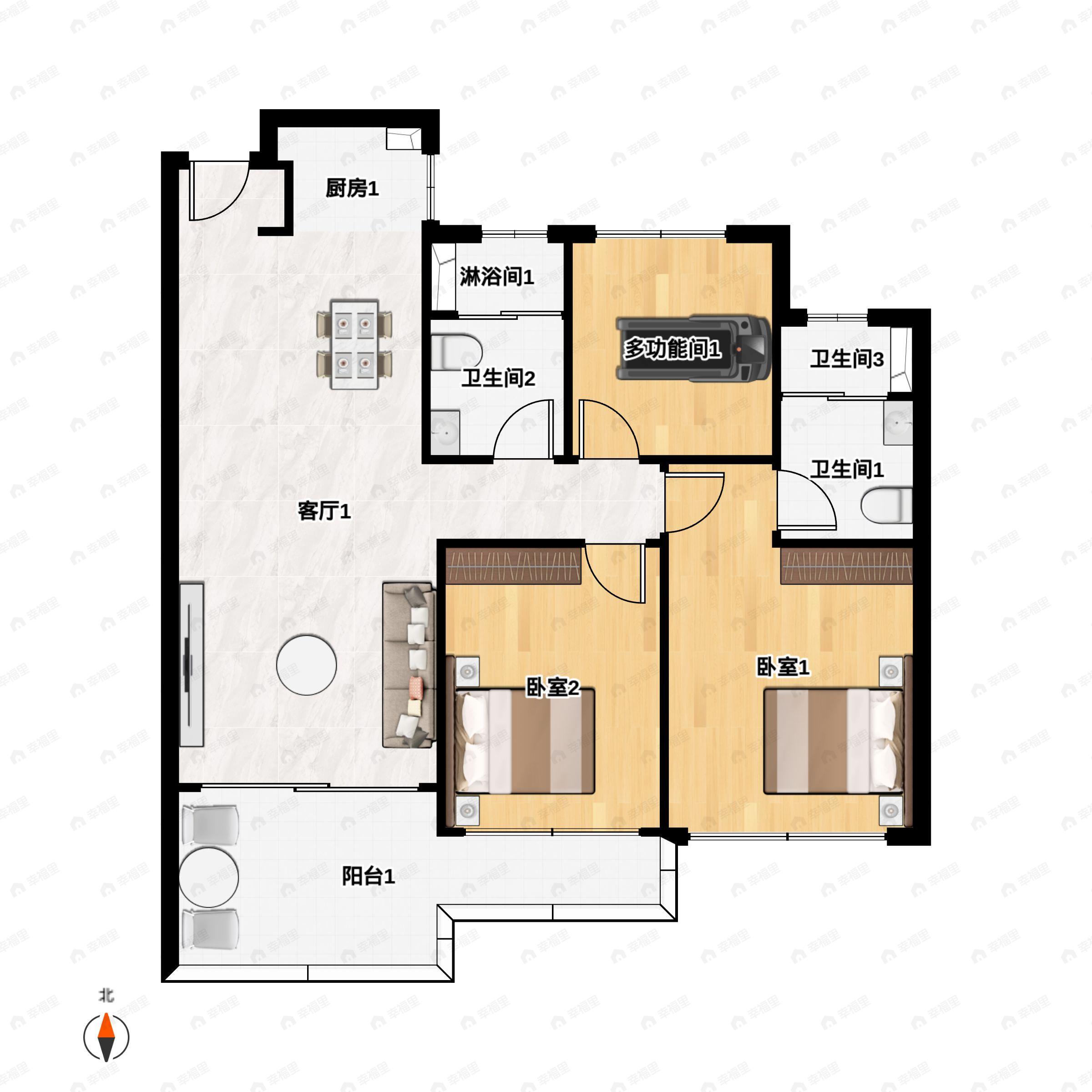 3室2厅2卫建面100m²户型图