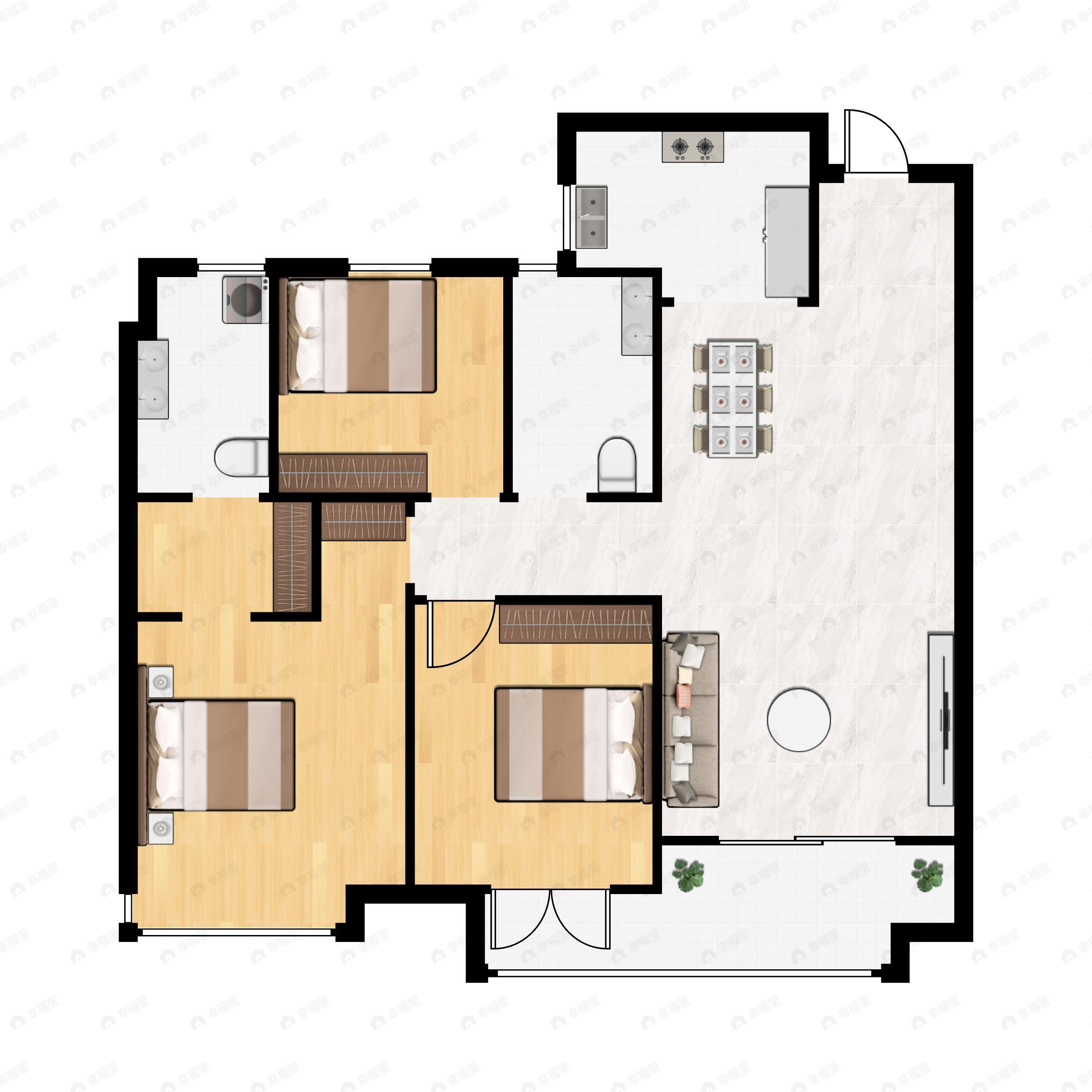3室2厅2卫建面107m²南户型图