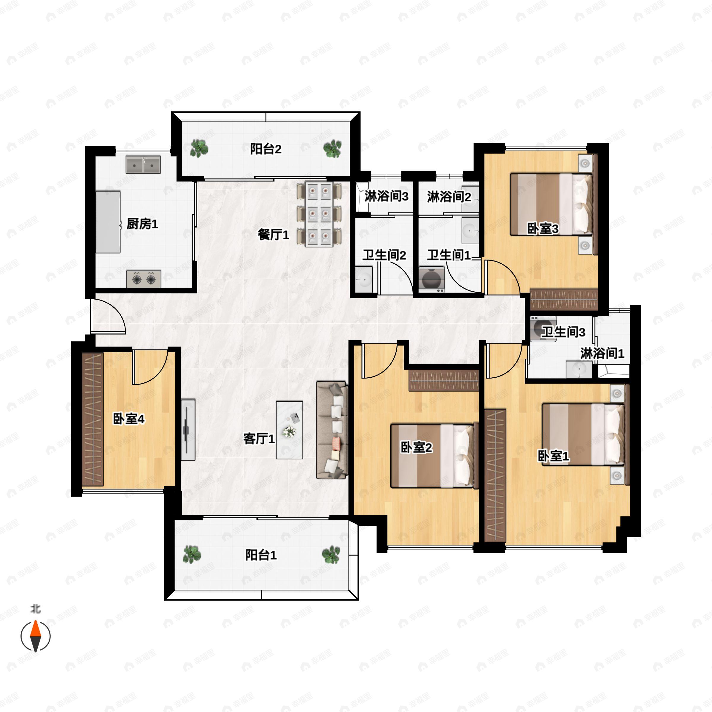 4室2厅3卫建面135平南|北户型图