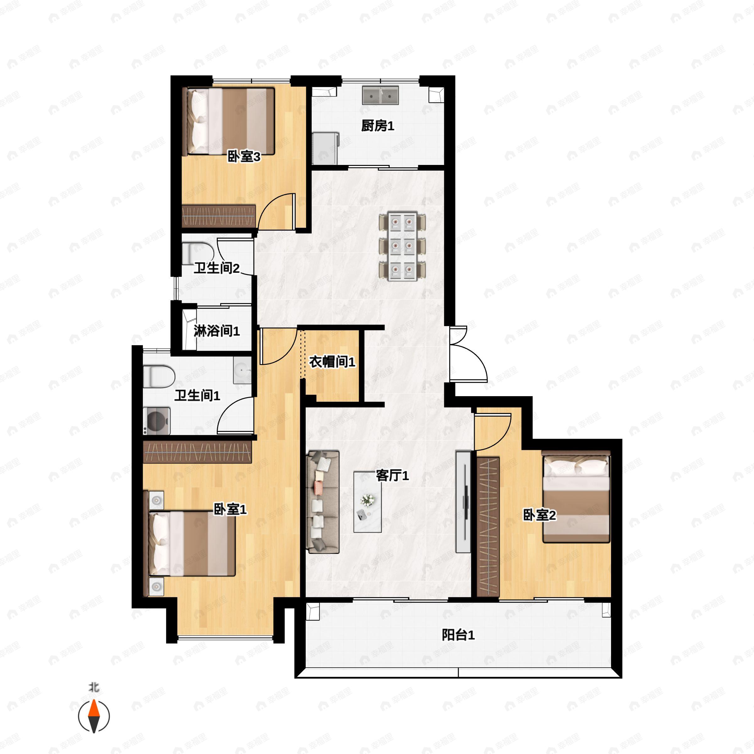 3室2厅2卫建面128平户型图