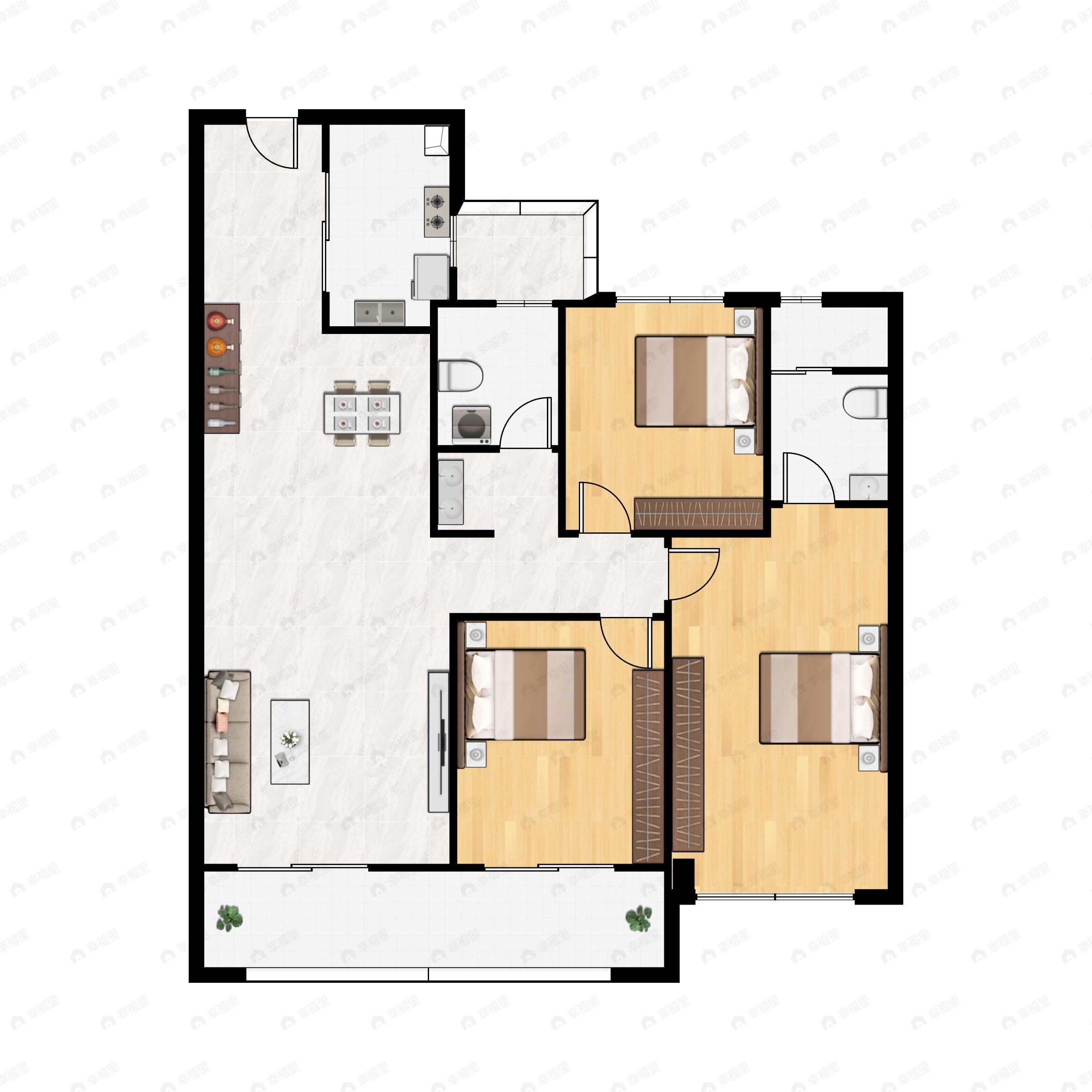 3室2厅2卫建面108m²南户型图