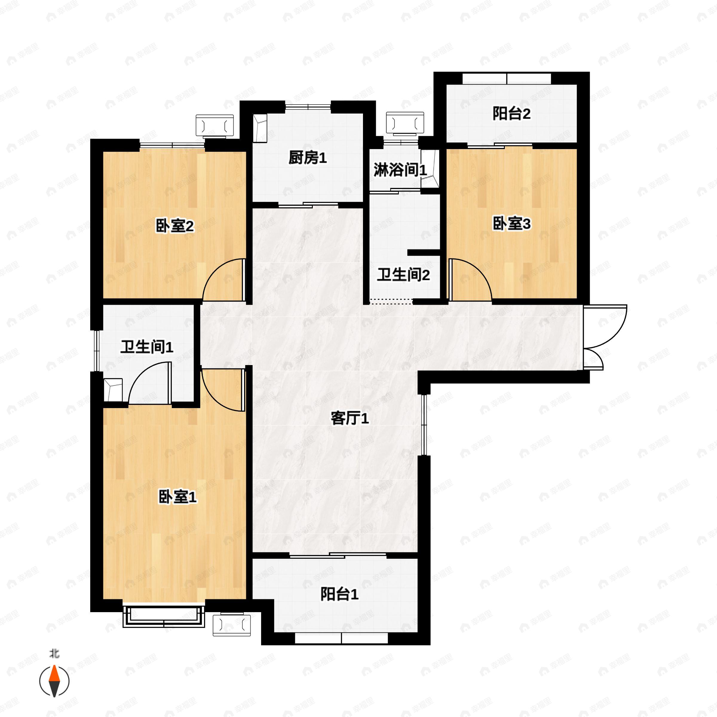 3室2厅2卫建面130平北|南户型图