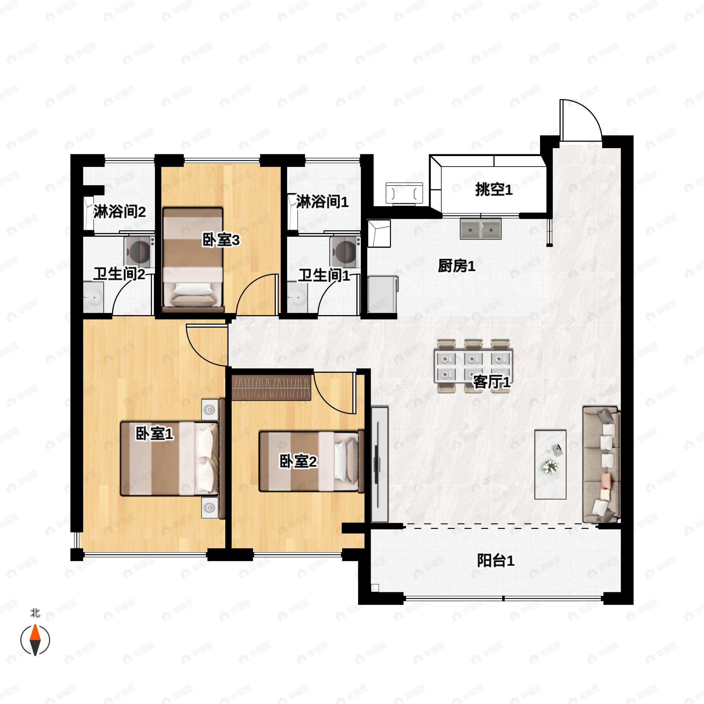 3室2厅2卫建面120m²北|南户型图