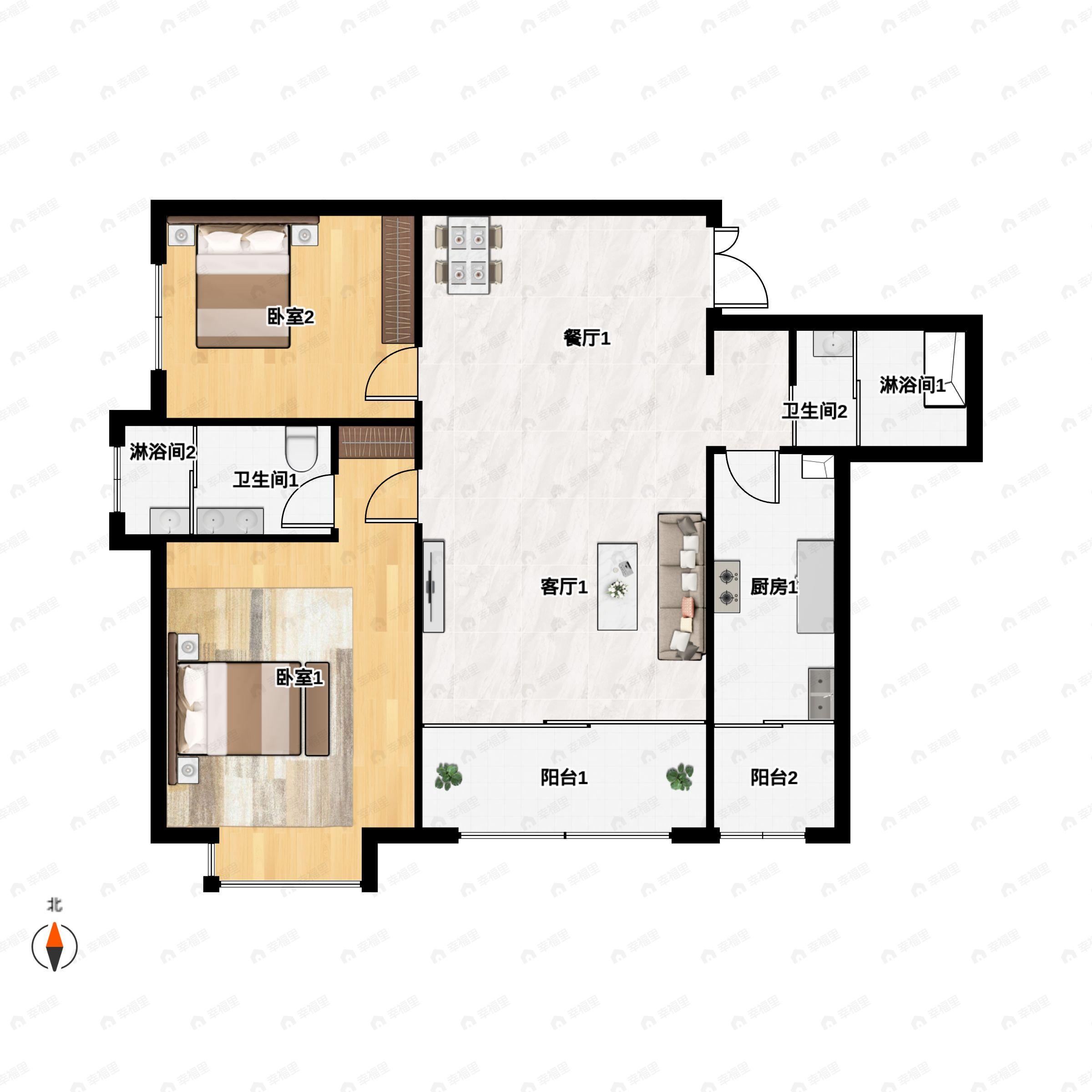 2室2厅2卫建面106平南户型图