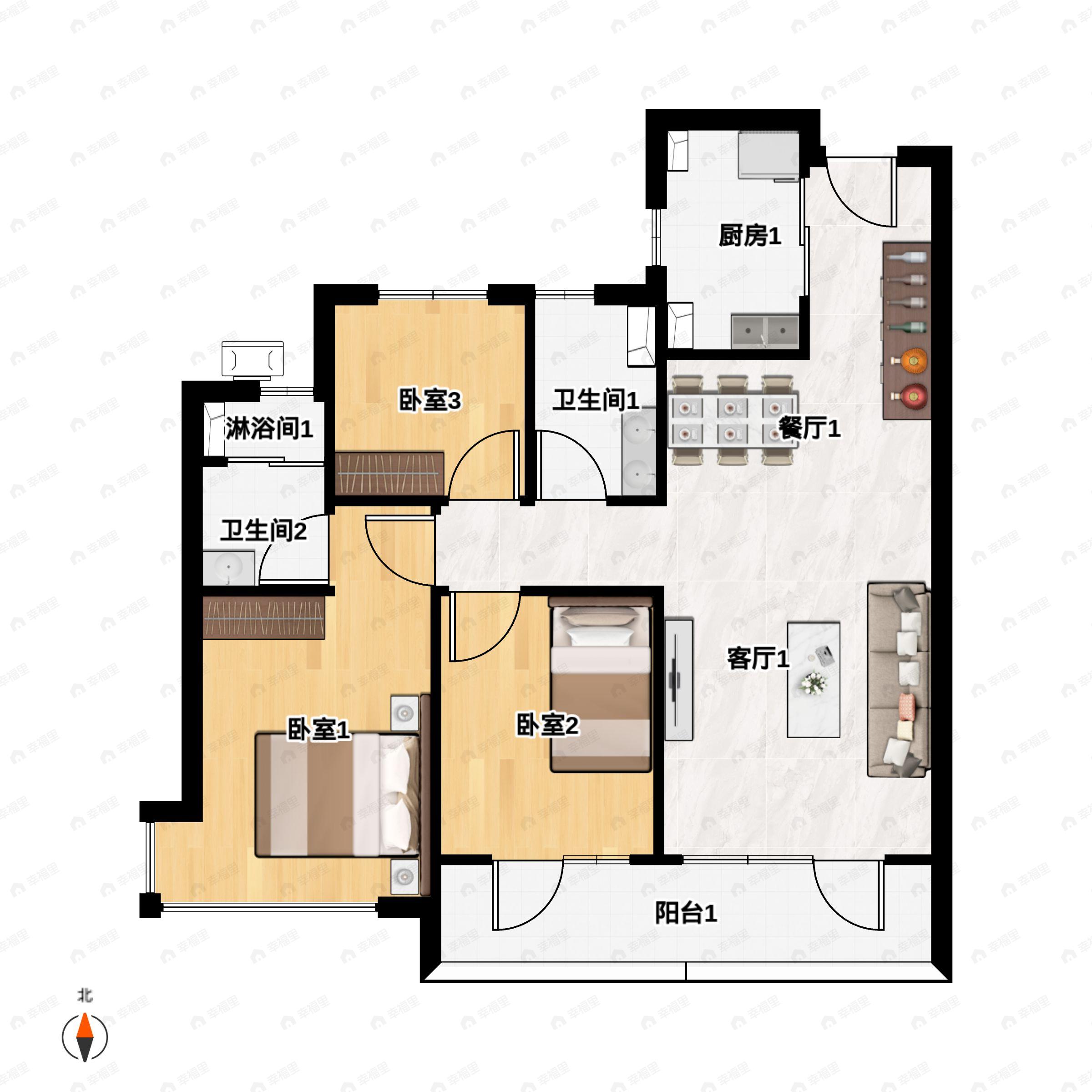 3室2厅2卫建面120平户型图
