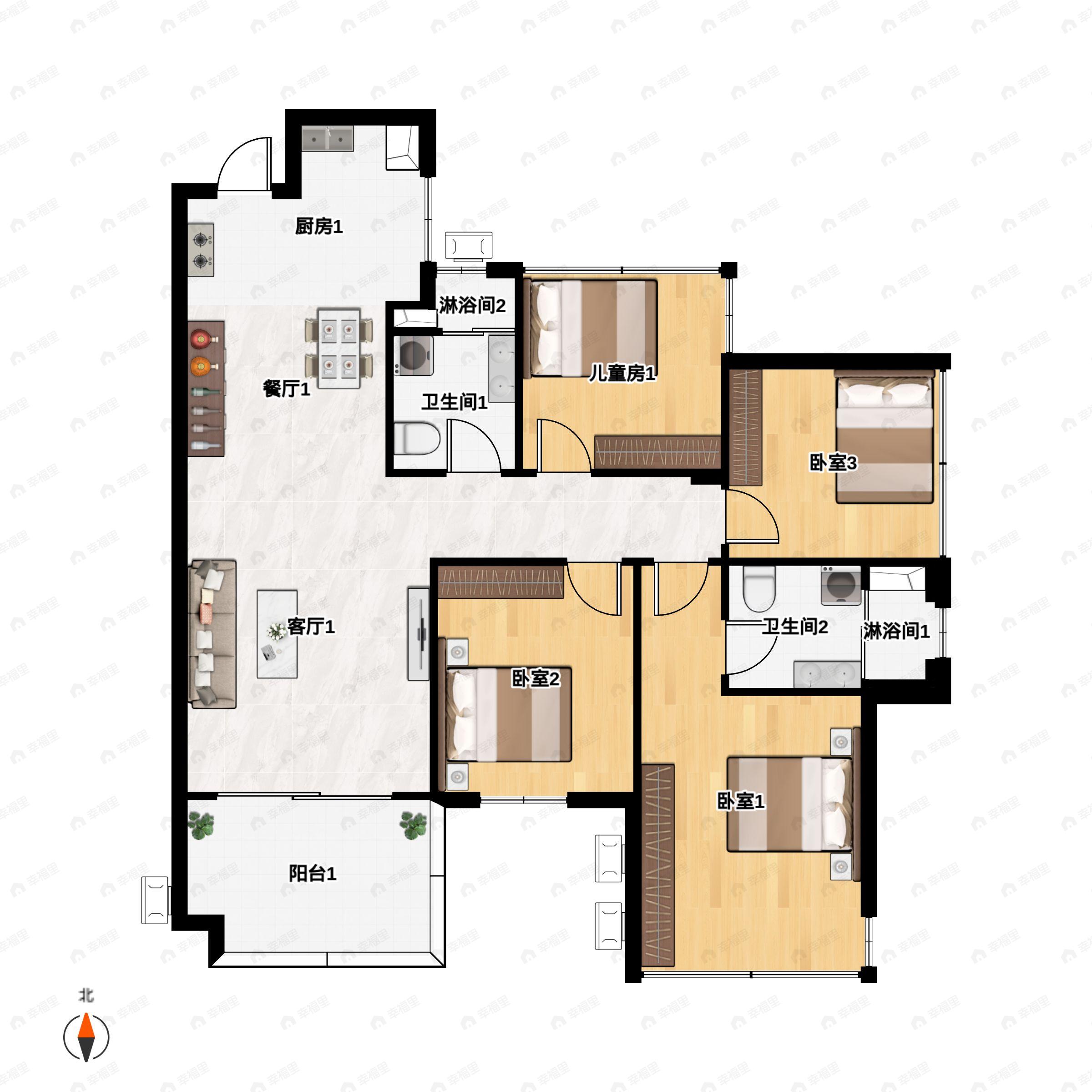 2室2厅2卫建面96m²南户型图