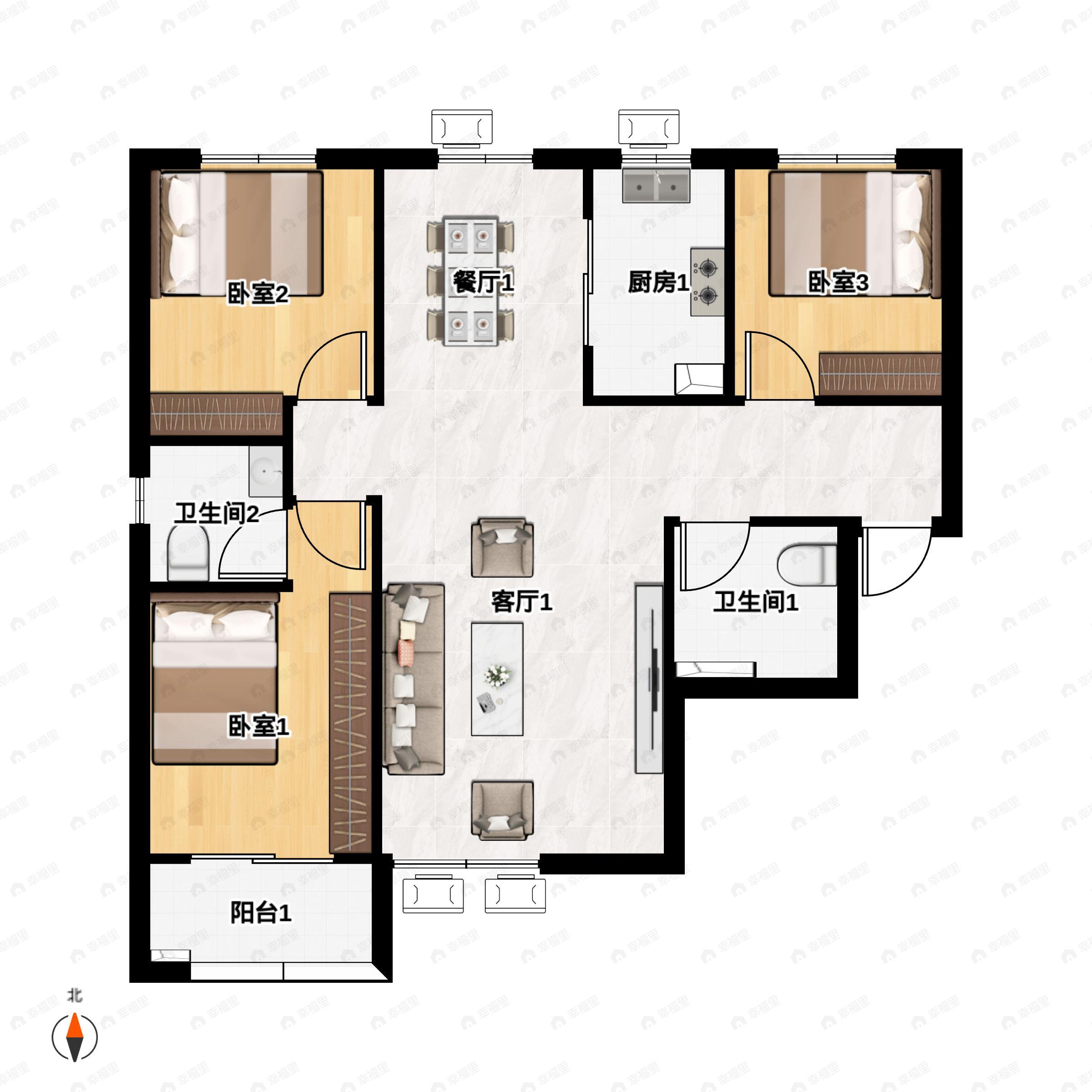 3室2厅2卫建面109平户型图