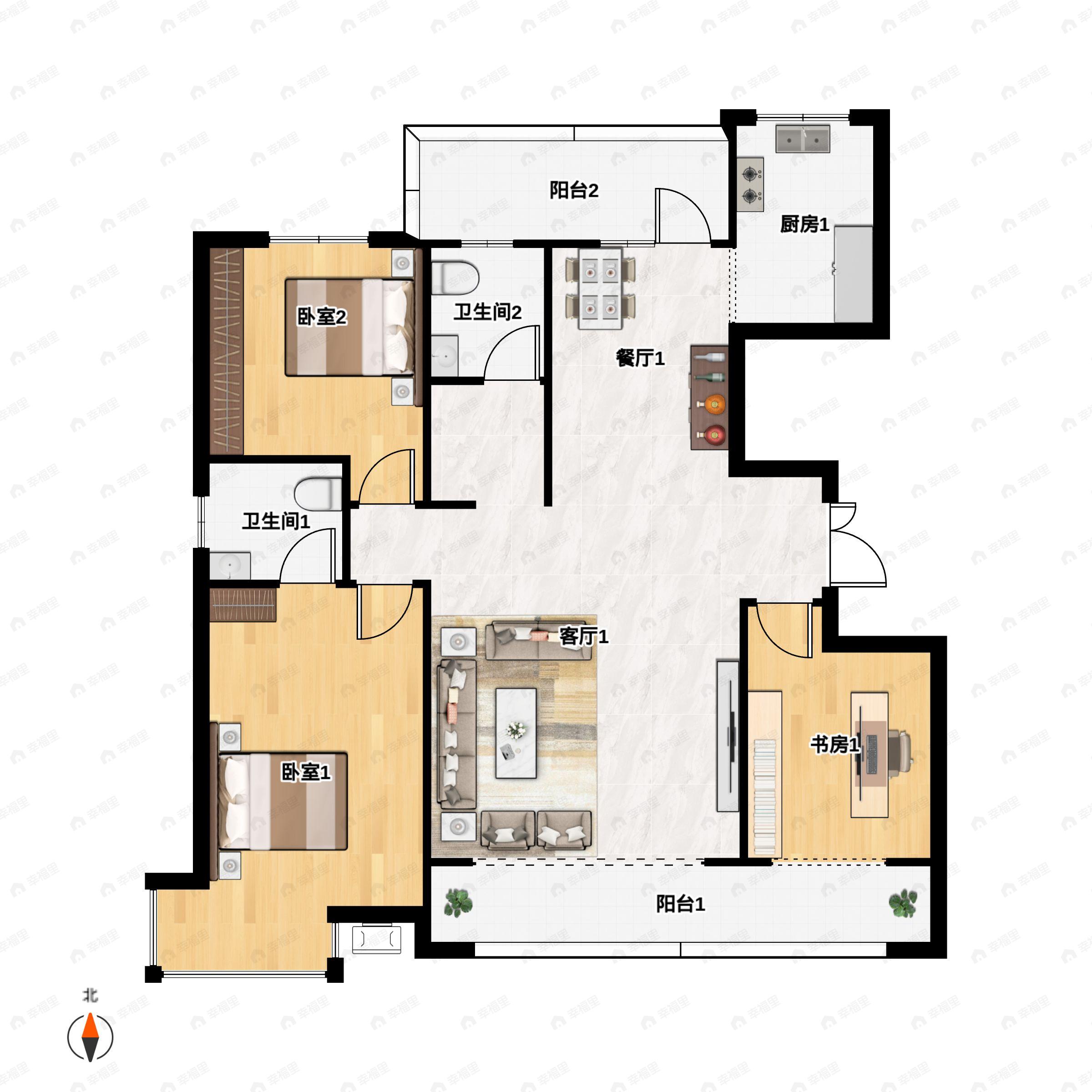 3室2厅2卫建面126m²南|北户型图
