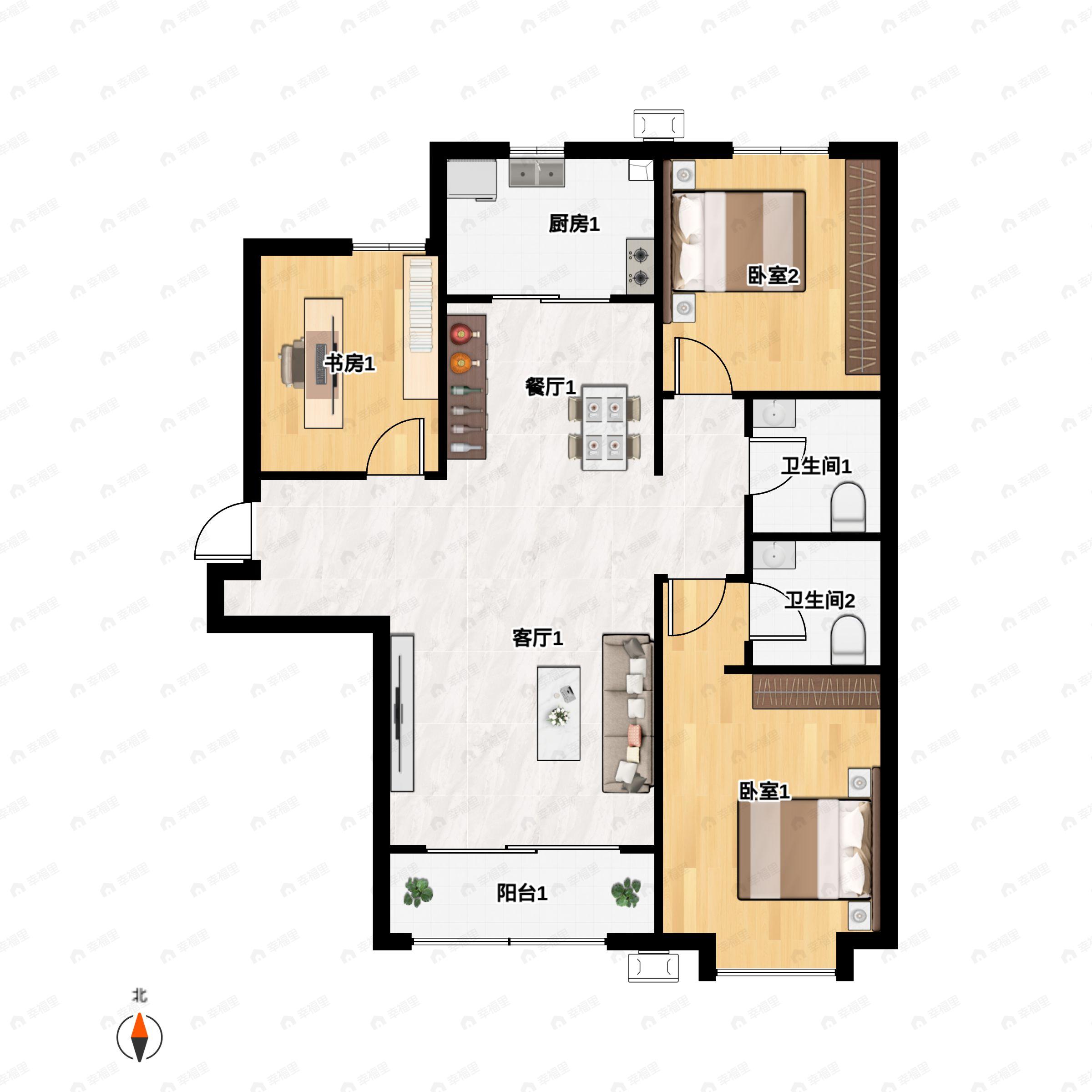 3室2厅2卫建面135m²南|北户型图