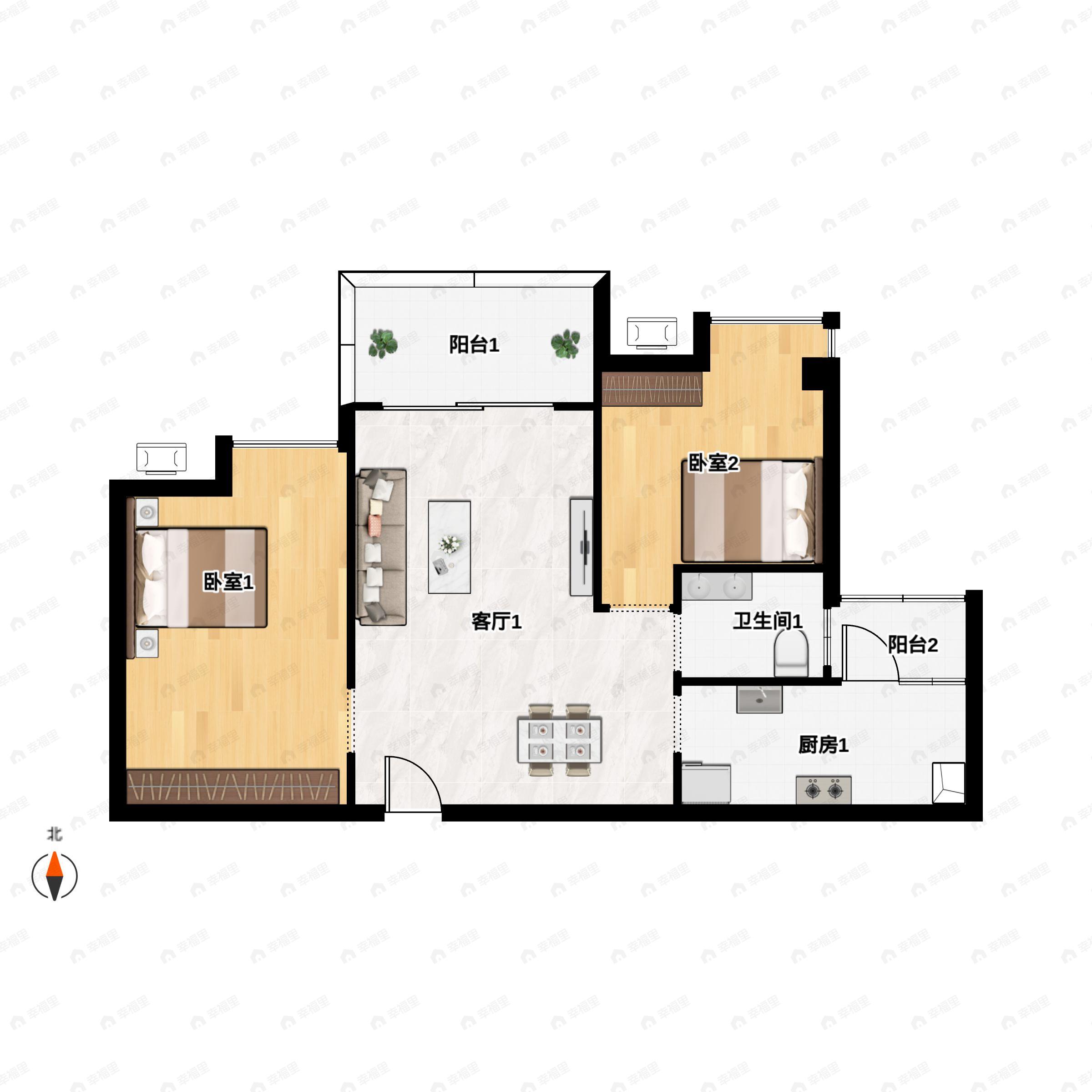 3室2厅1卫建面74平南户型图