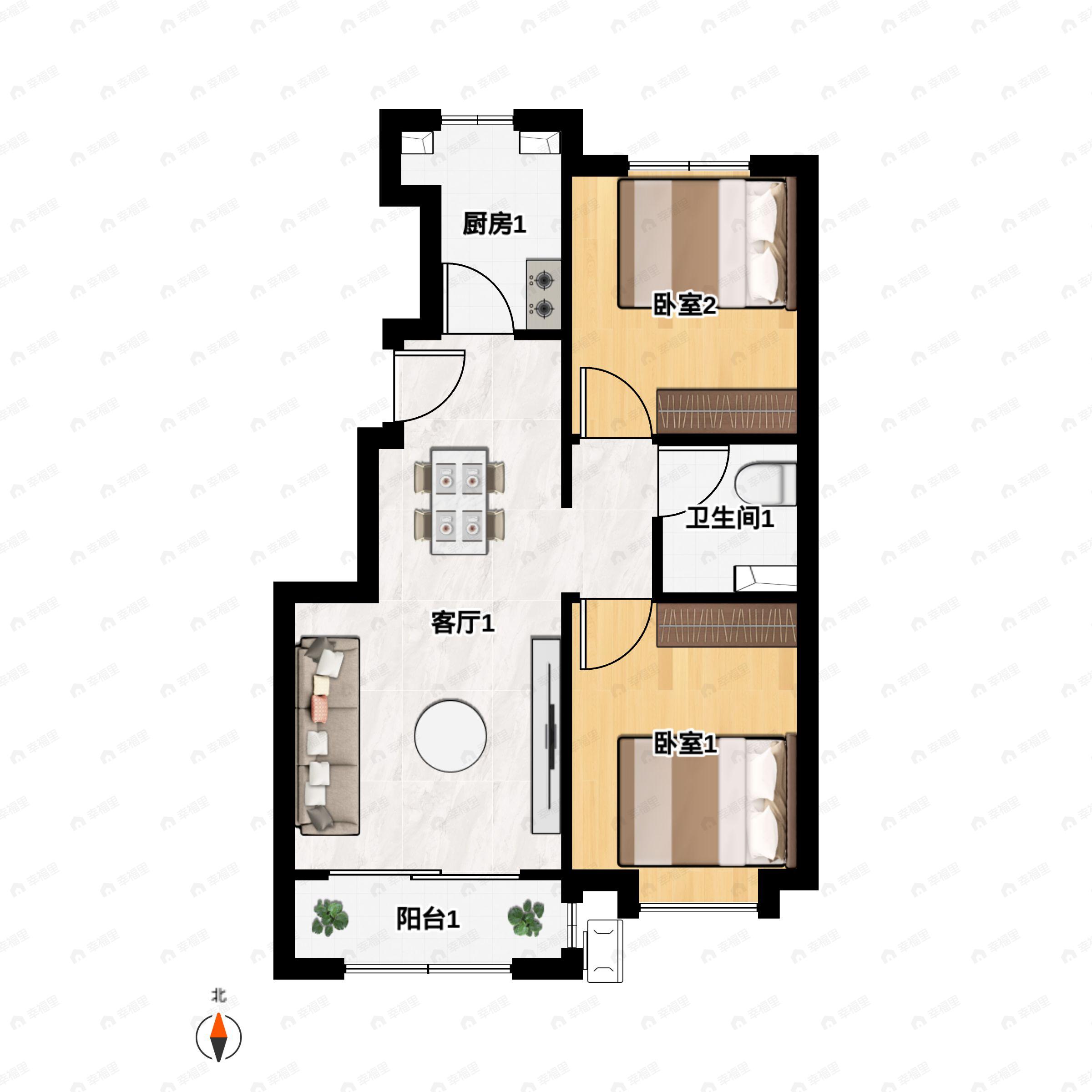 2室2厅1卫建面89m²北|南户型图