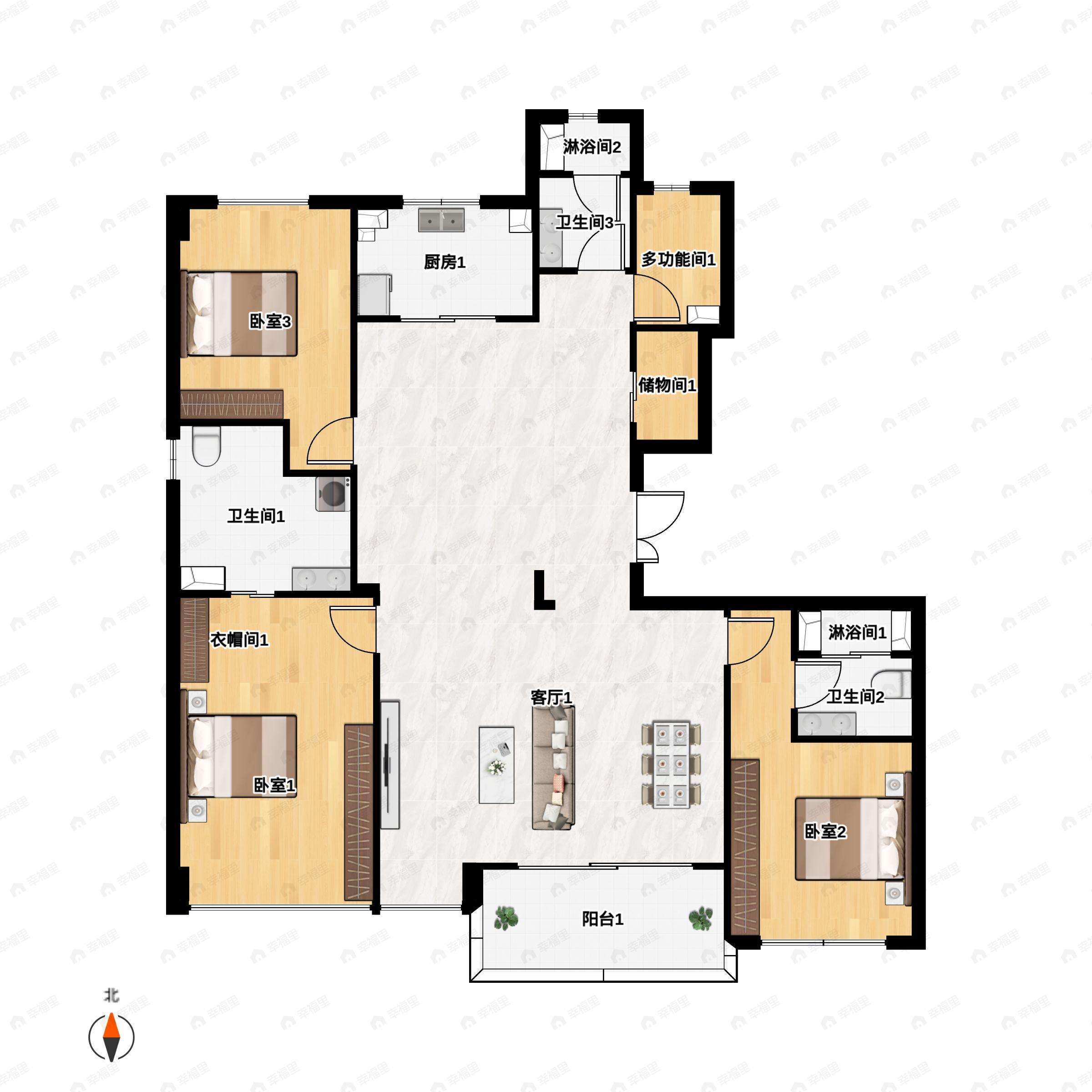 3室2厅3卫建面187平南户型图