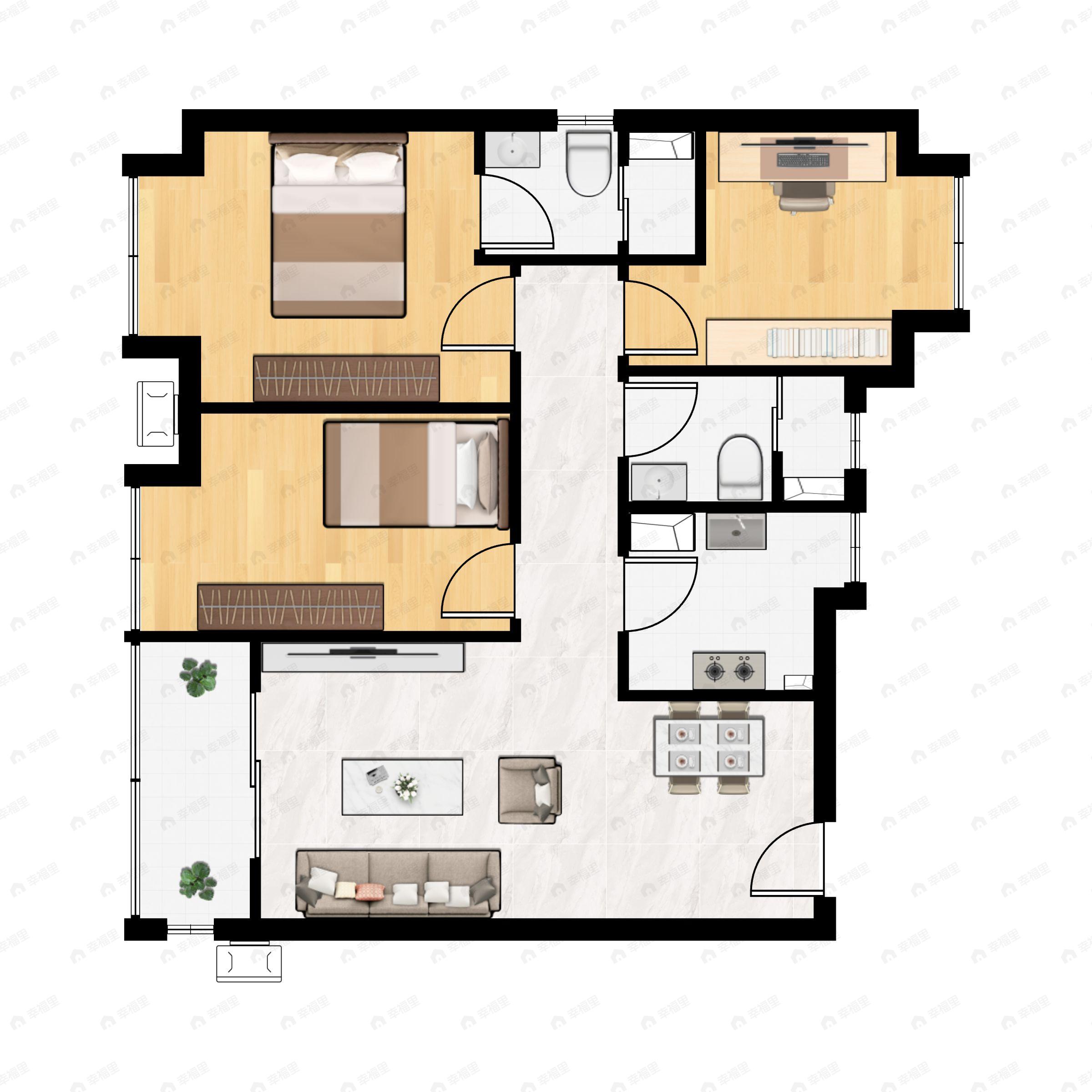 3室2厅2卫建面115m²西南户型图