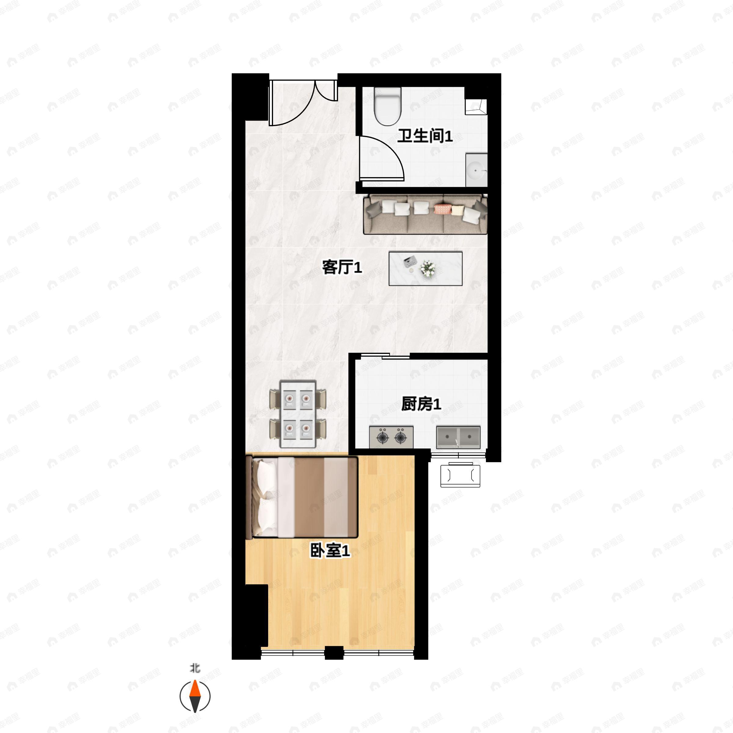 1室1厅1卫建面46m²南户型图