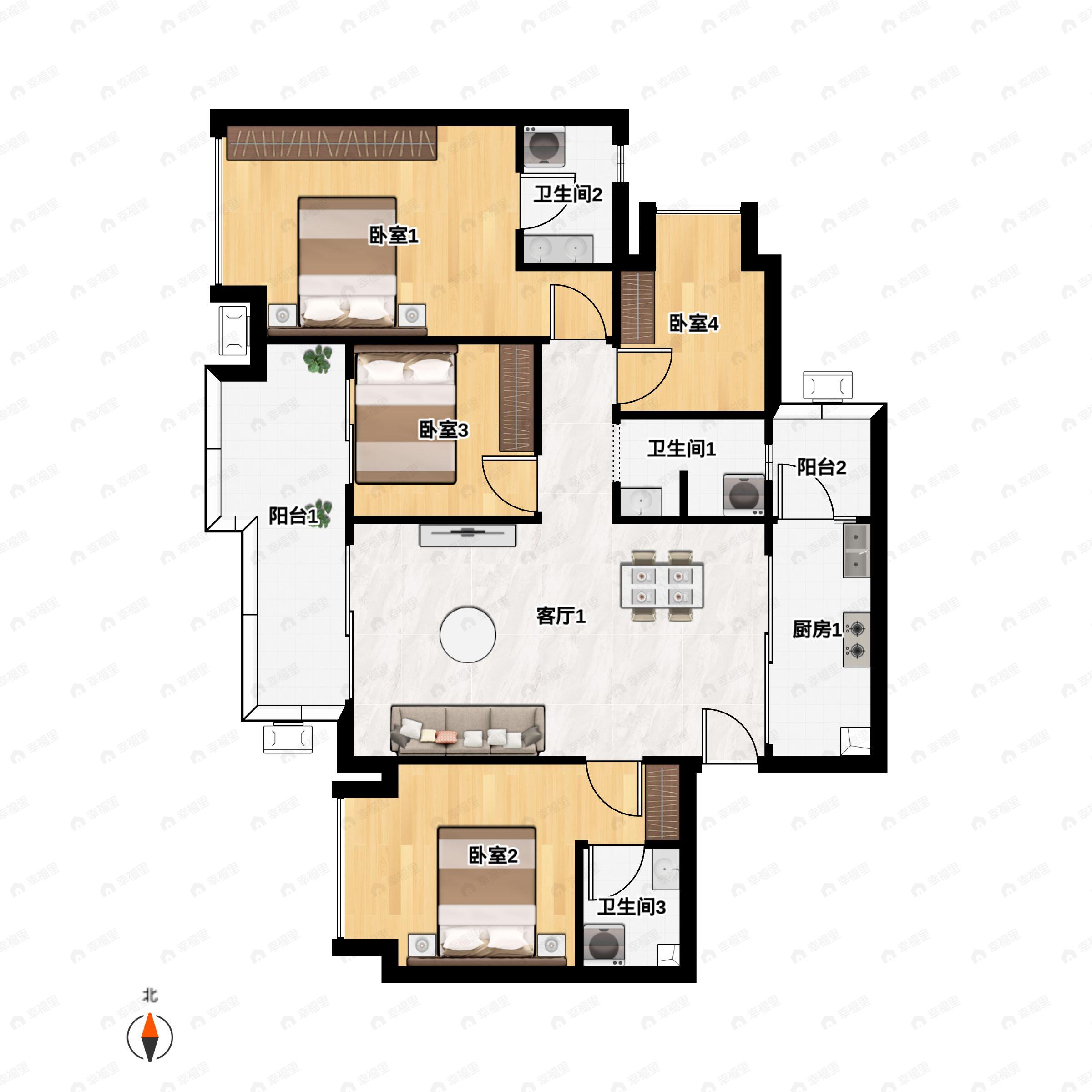 4室2厅3卫建面152平西北户型图