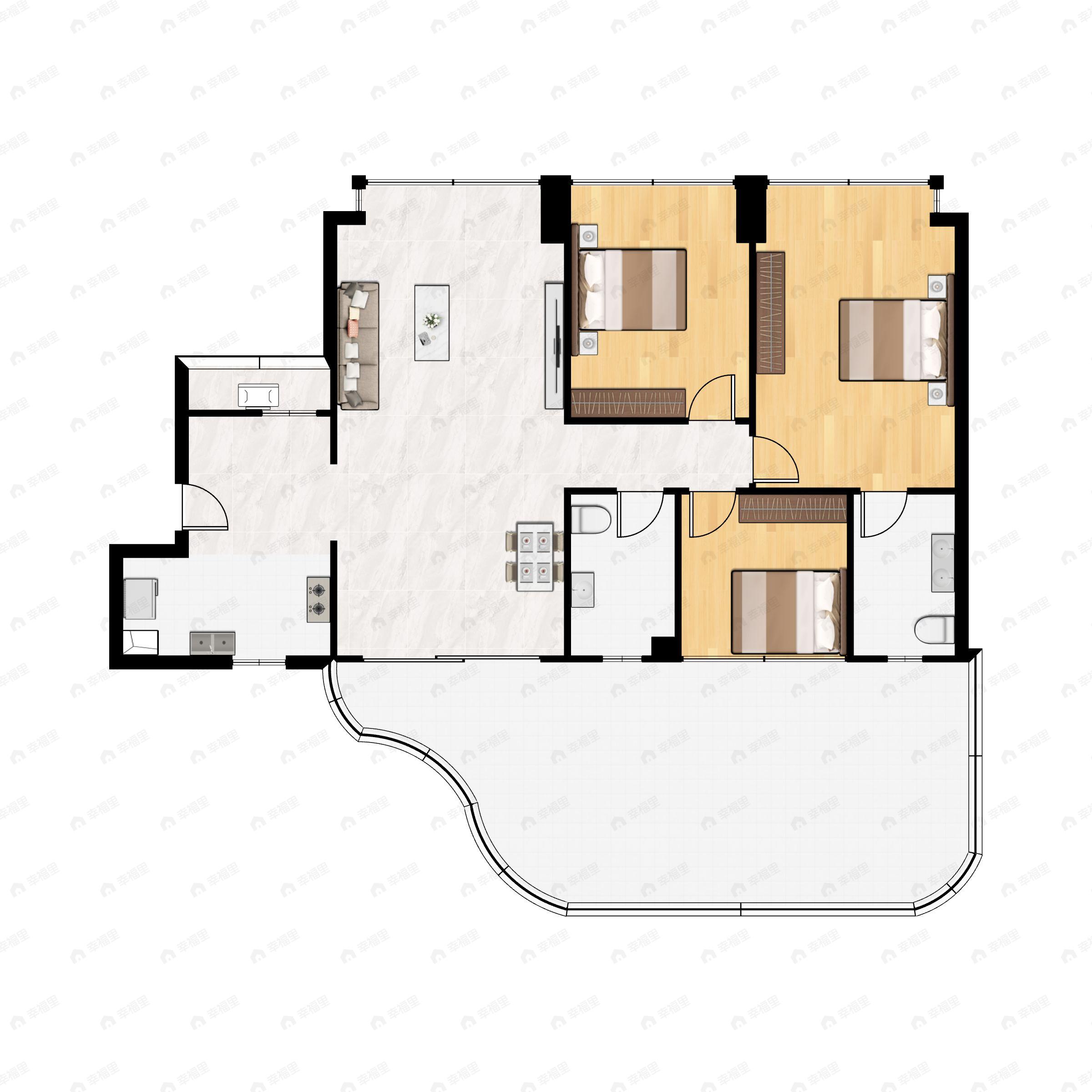 3室2厅2卫建面120m²南户型图
