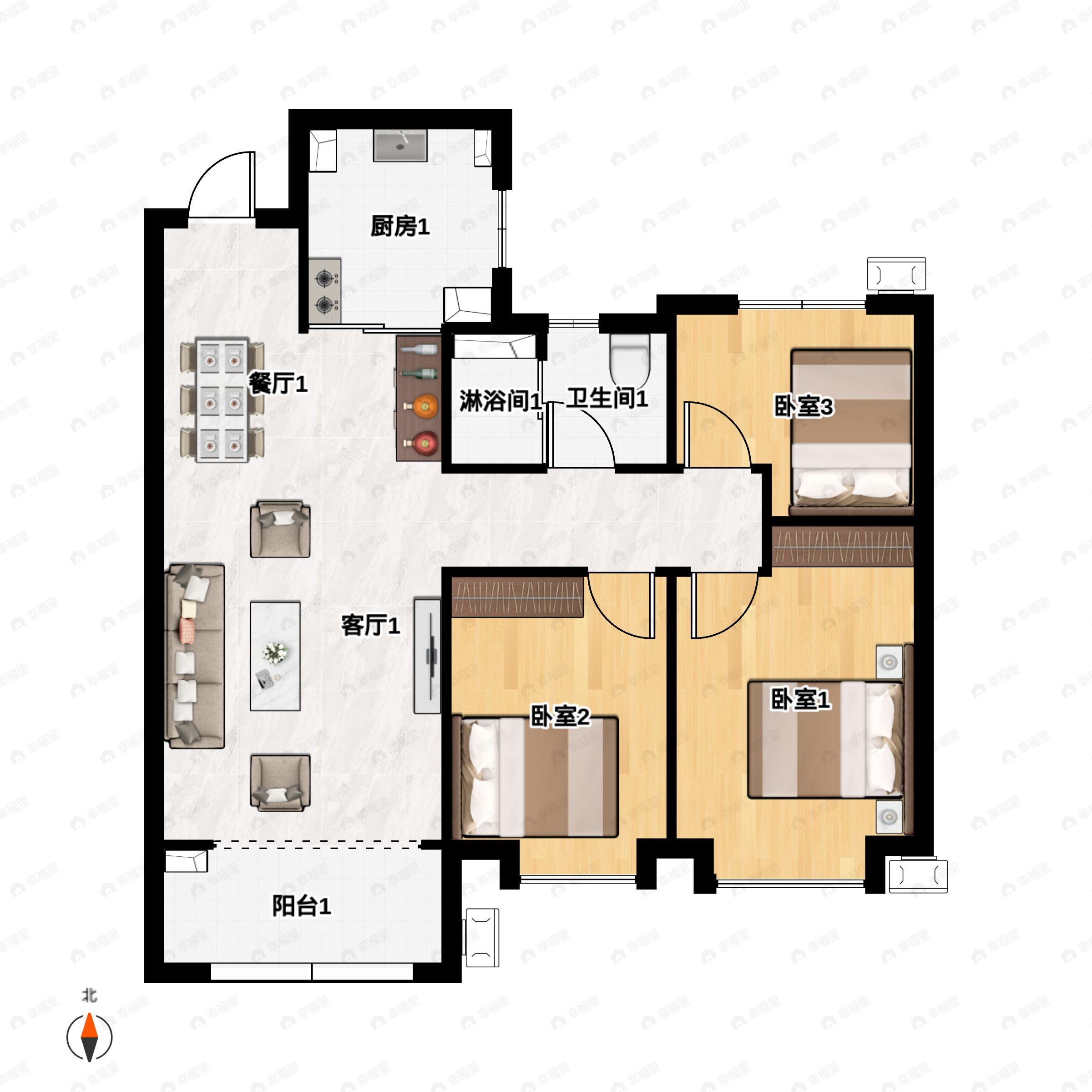 3室2厅1卫建面90平南户型图