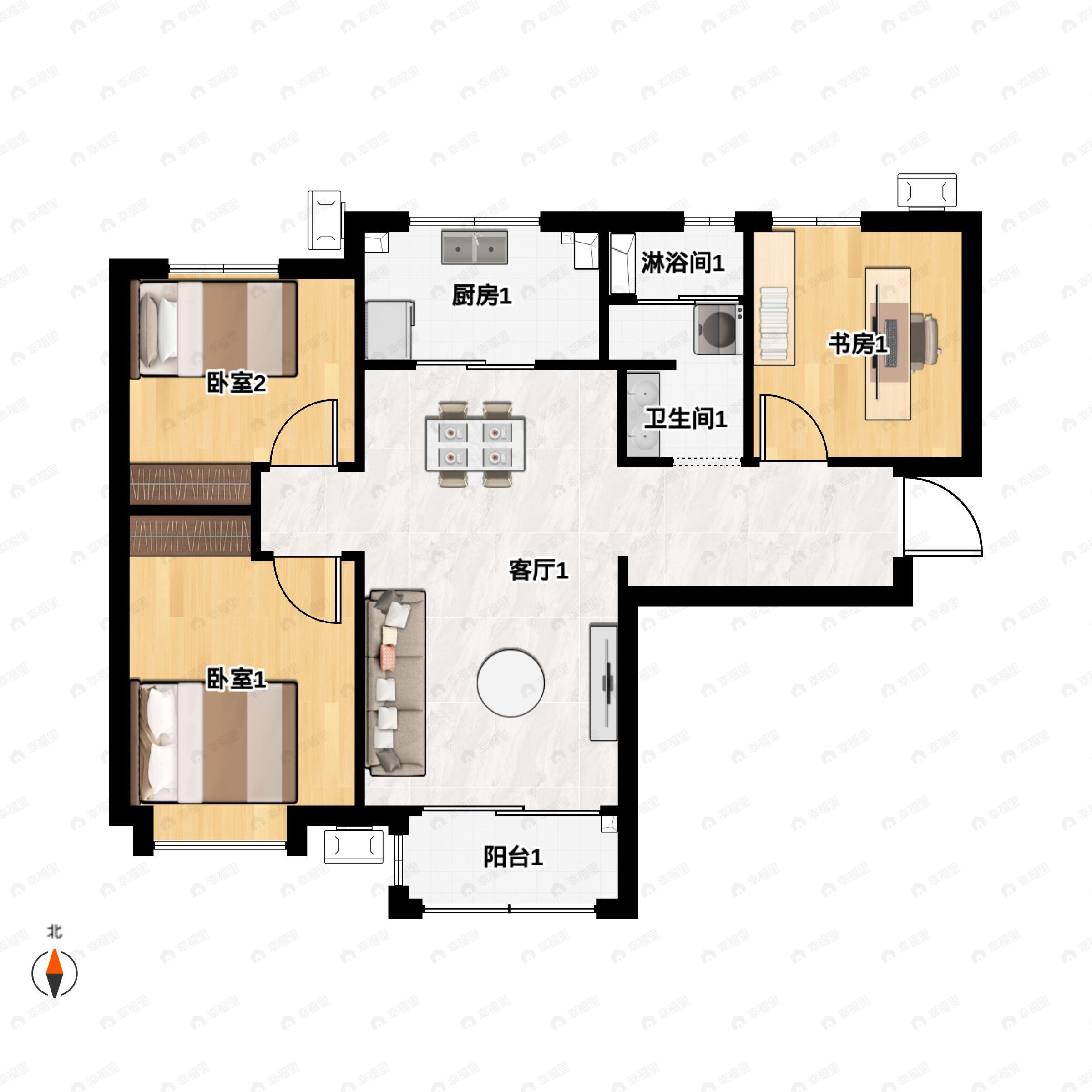 3室2厅1卫建面100平户型图